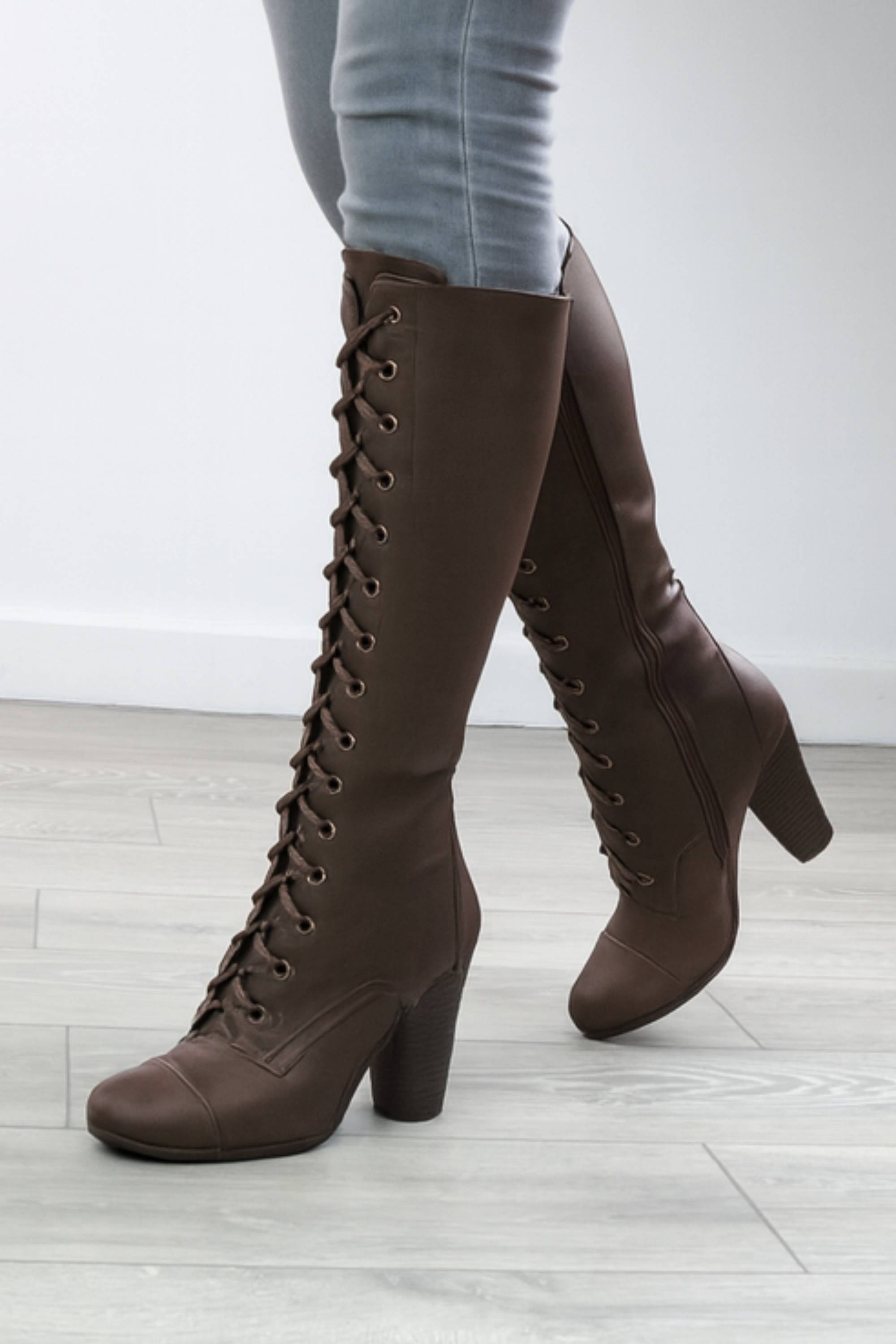 Brown AJVANI Brown High Heel Lace Up Victorian Style Knee High Boots, Image 2 of 6