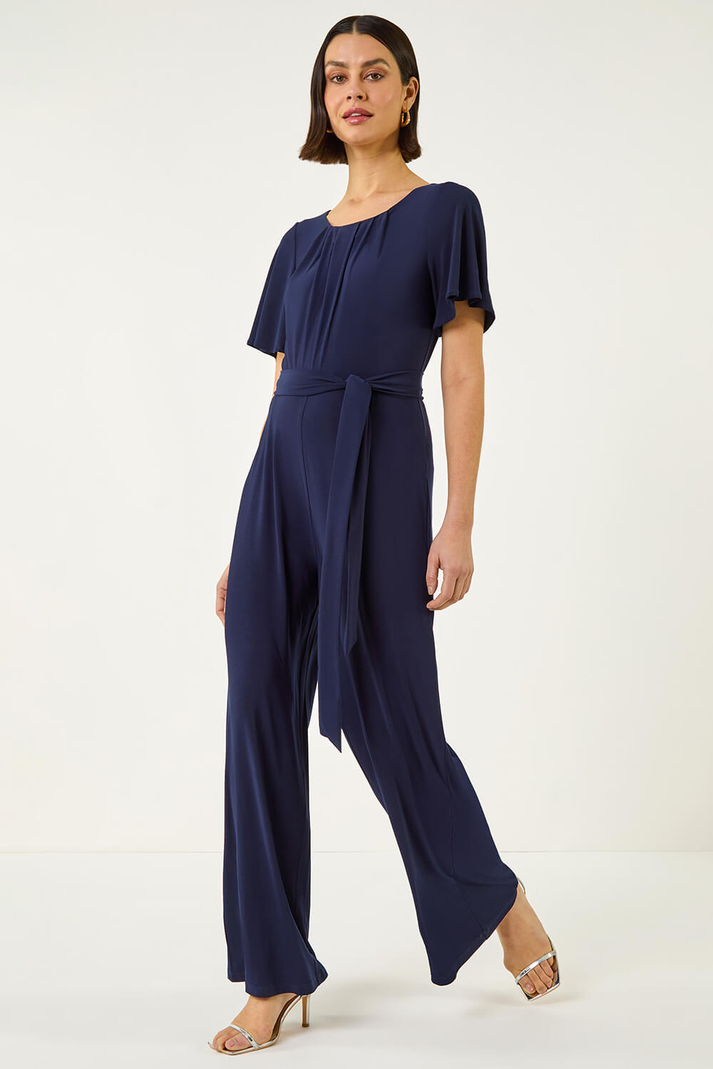 Roman Women's Navy Pleat Neck Belted Jumpsuit Size 10