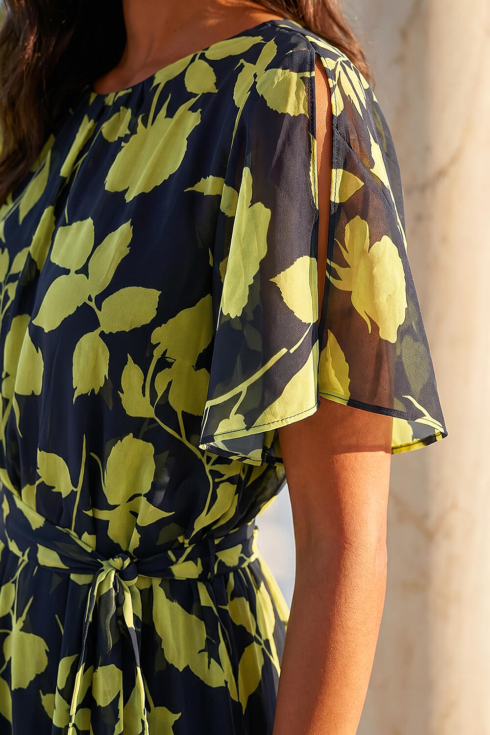 Navy Floral Split Sleeve Midi Dress , Image 5 of 4