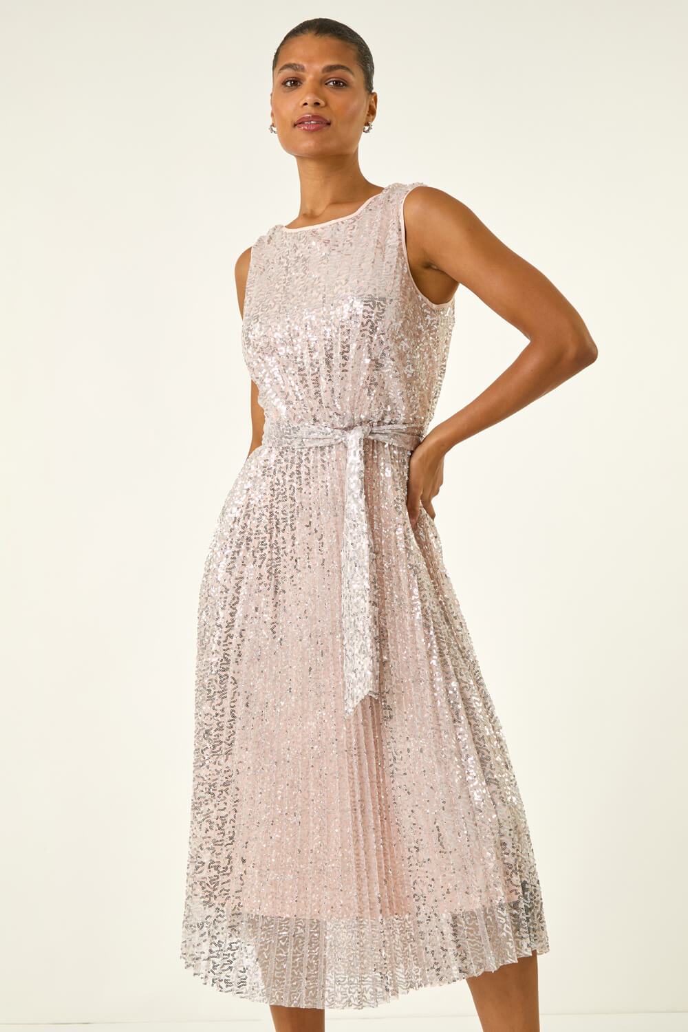 Silver Sequin Pleated Midi Dress, Image 4 of 8