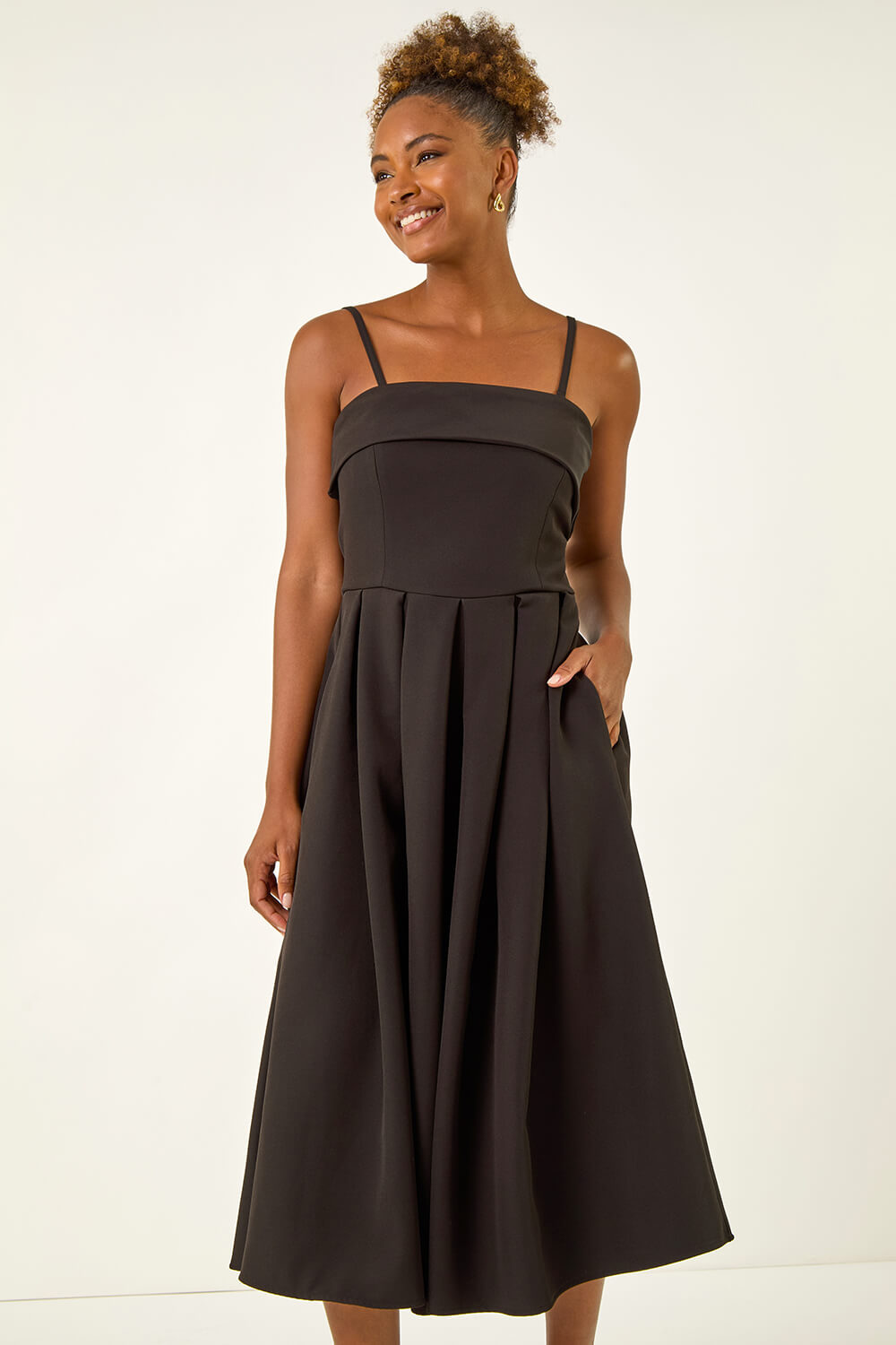 Roman Women's Black Bardot Premium Stretch Midi Dress Size 14