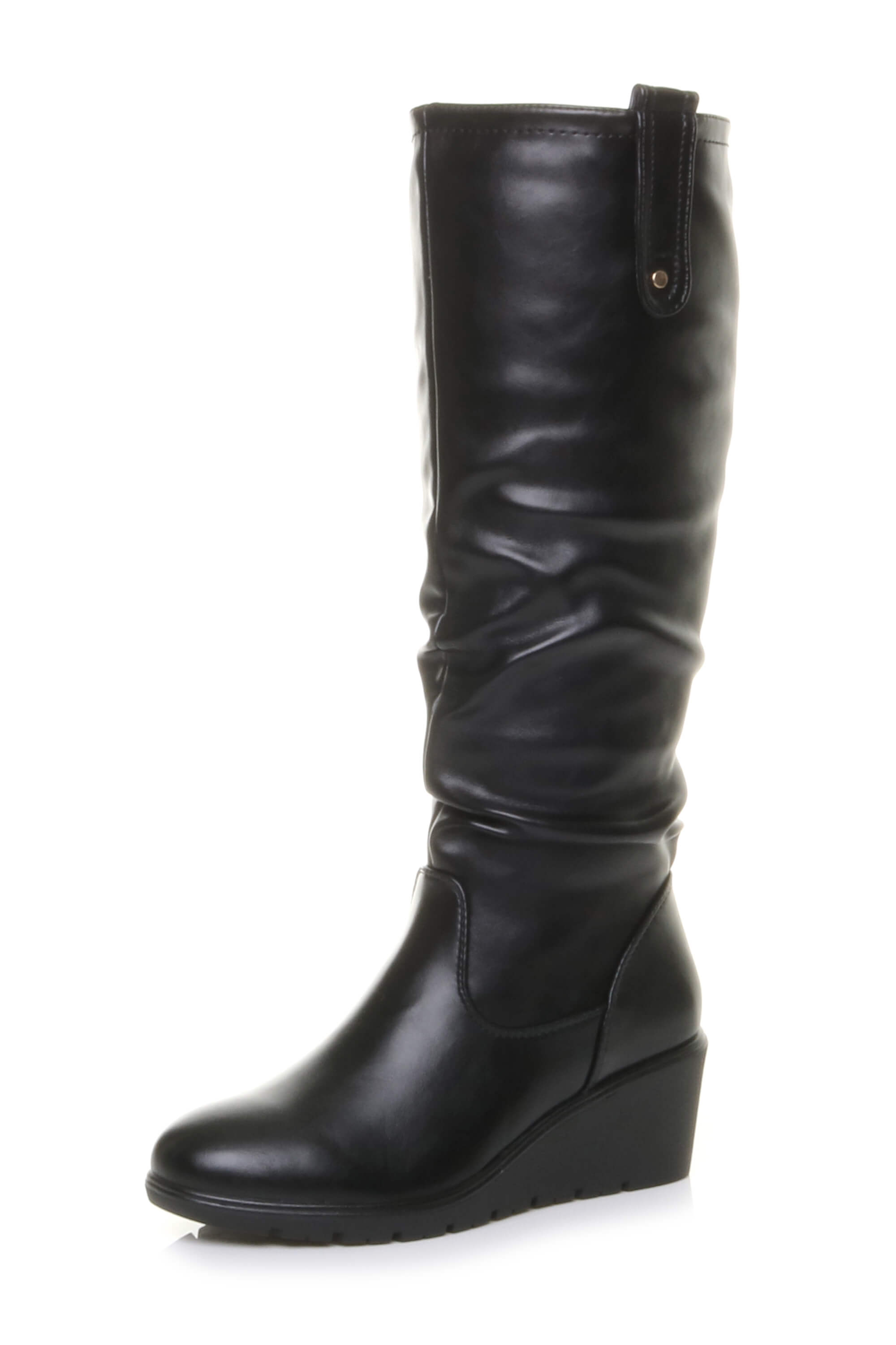 Black Mid Wedge Heel Slouch Knee High Calf Boots, Image 1 of 4