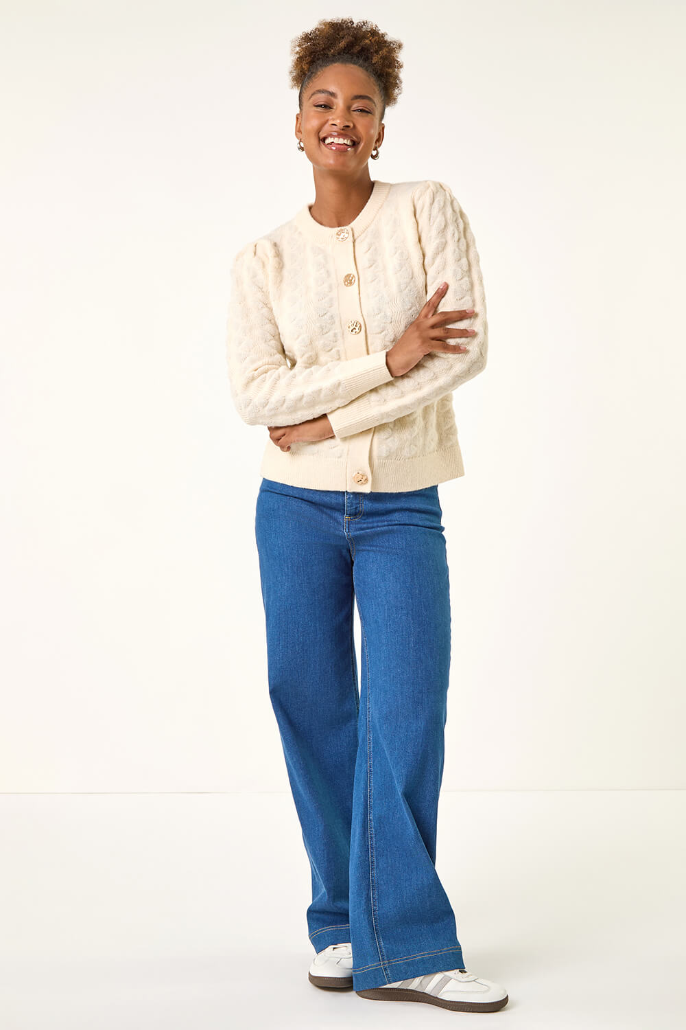 Ivory Round Neck Textured Button Down Cardigan