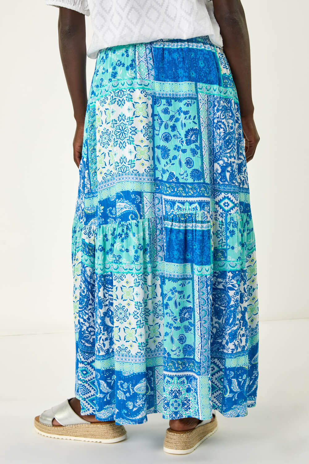 Light Blue Patchwork Shimmer Tiered Maxi Skirt, Image 5 of 5