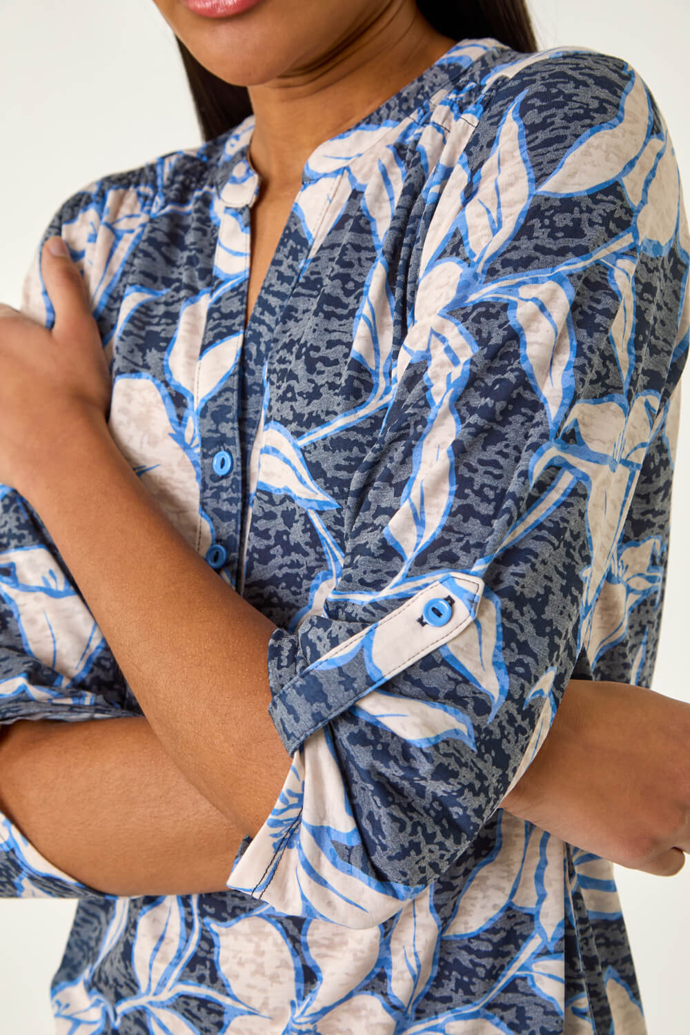 Navy Floral Print Burnout V-Neck Stretch Shirt, Image 6 of 5