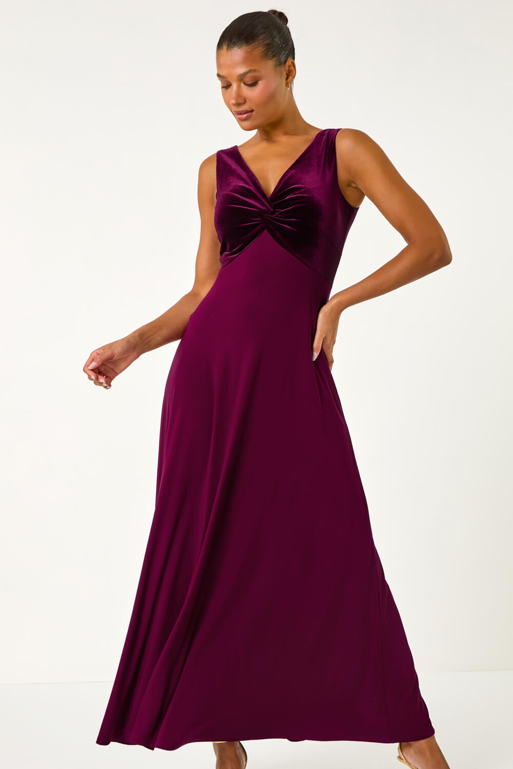 Wine Velvet Twist Front Maxi Stretch Dress, Image 5 of 5