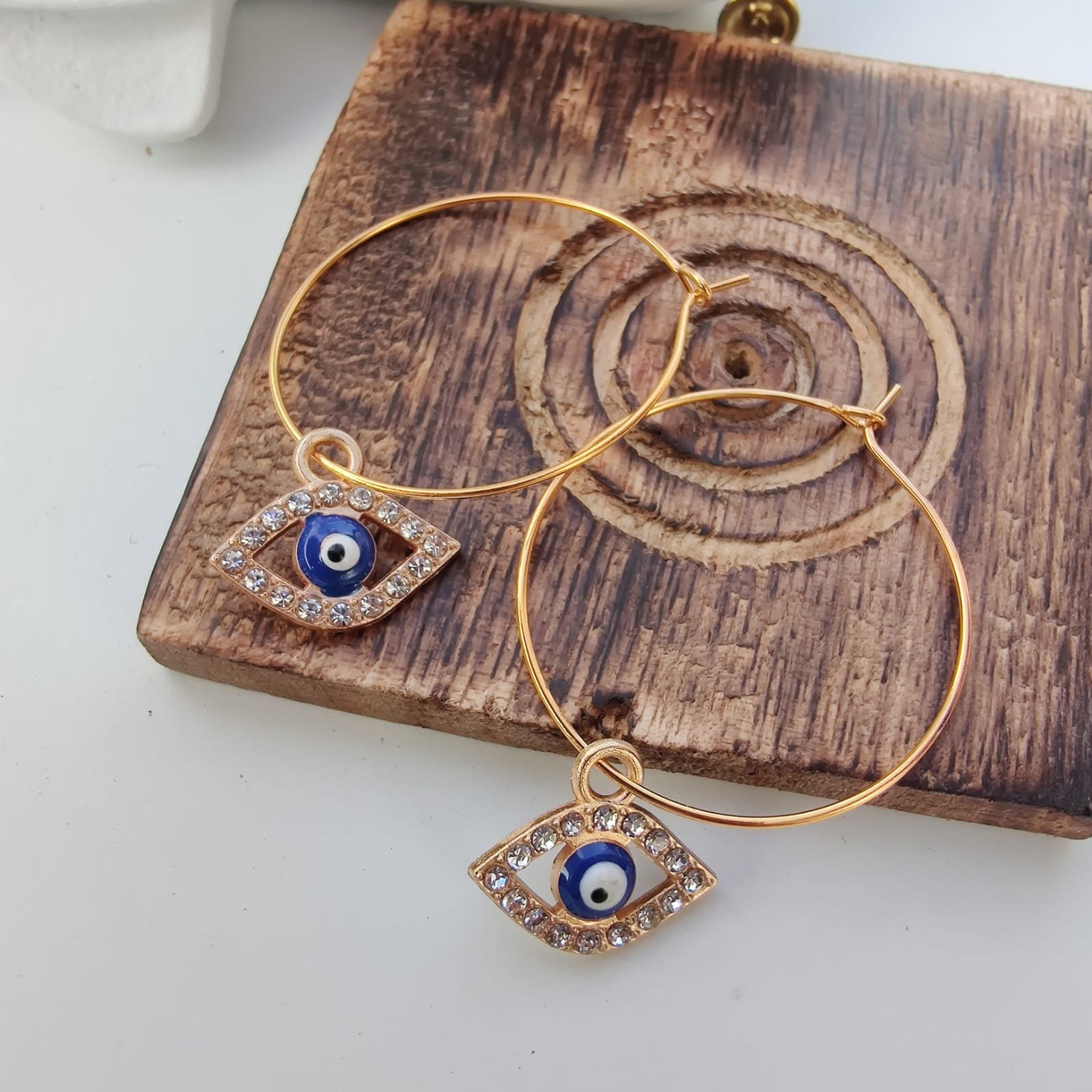 Gold Large Evil Eye Zircon Dangle Hoop Earrings, Image 6 of 7