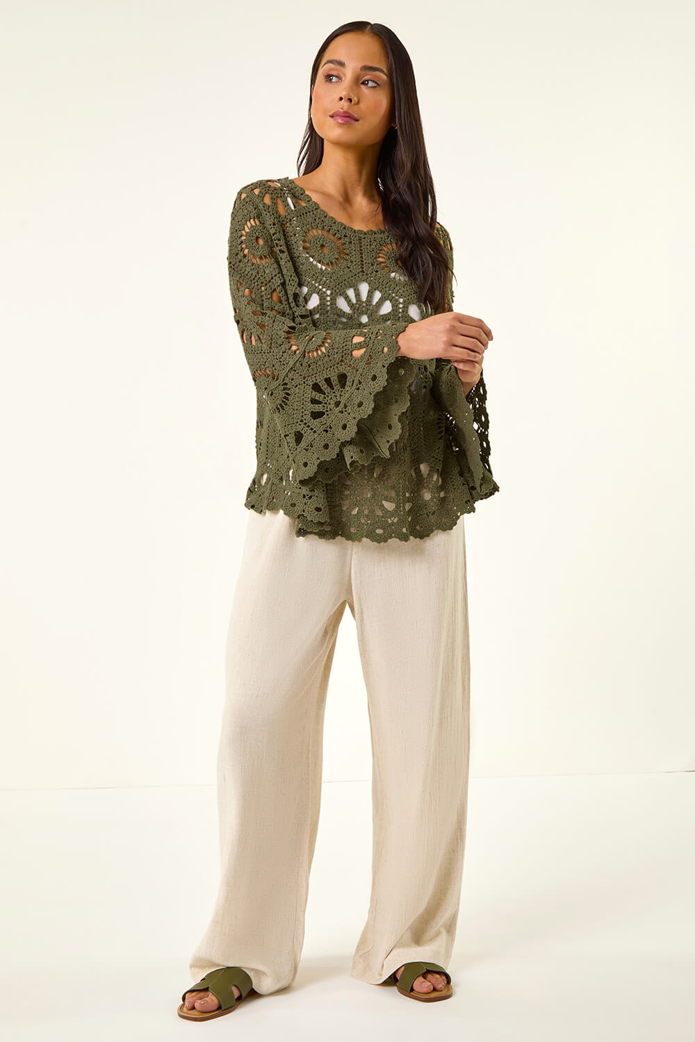Khaki Petite Crochet Flare Sleeve Top, Image 3 of 5