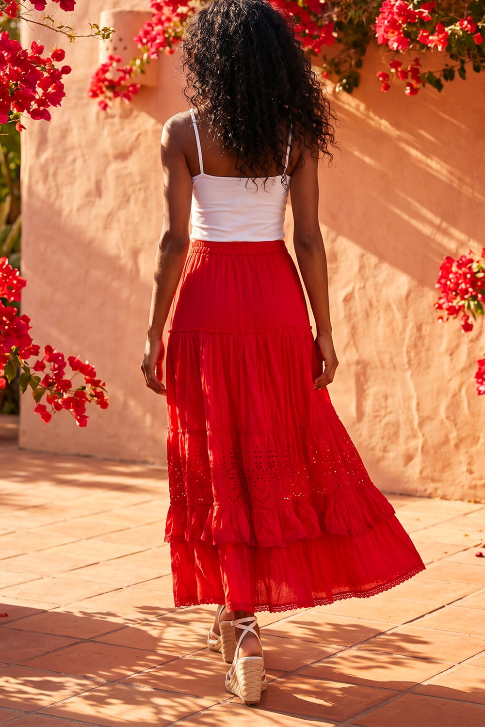 Red Broderie Tiered Maxi Skirt, Image 4 of 4