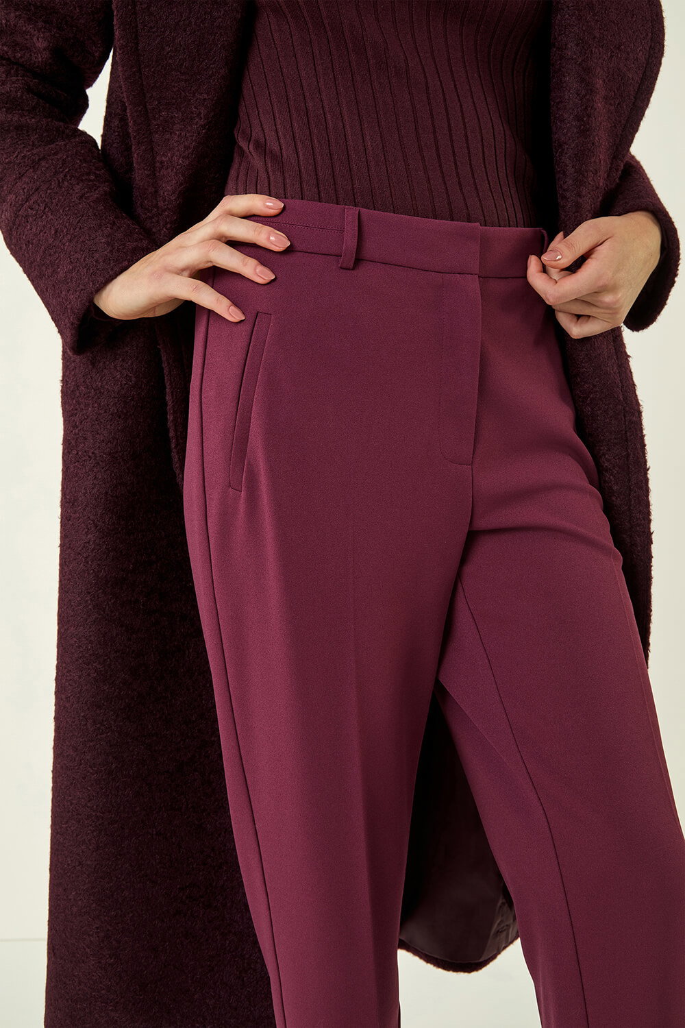 Aubergine Short Straight Leg Stretch Trouser, Image 6 of 5