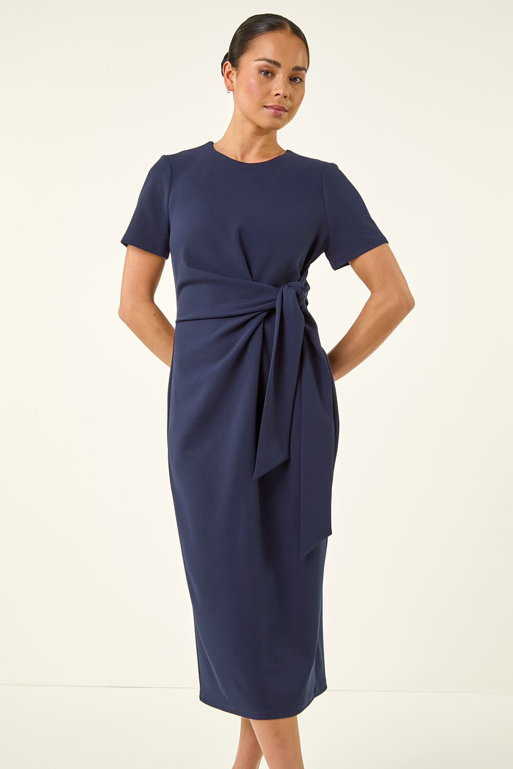 Navy Petite Tie Waist Stretch Midi Dress | Roman UK
