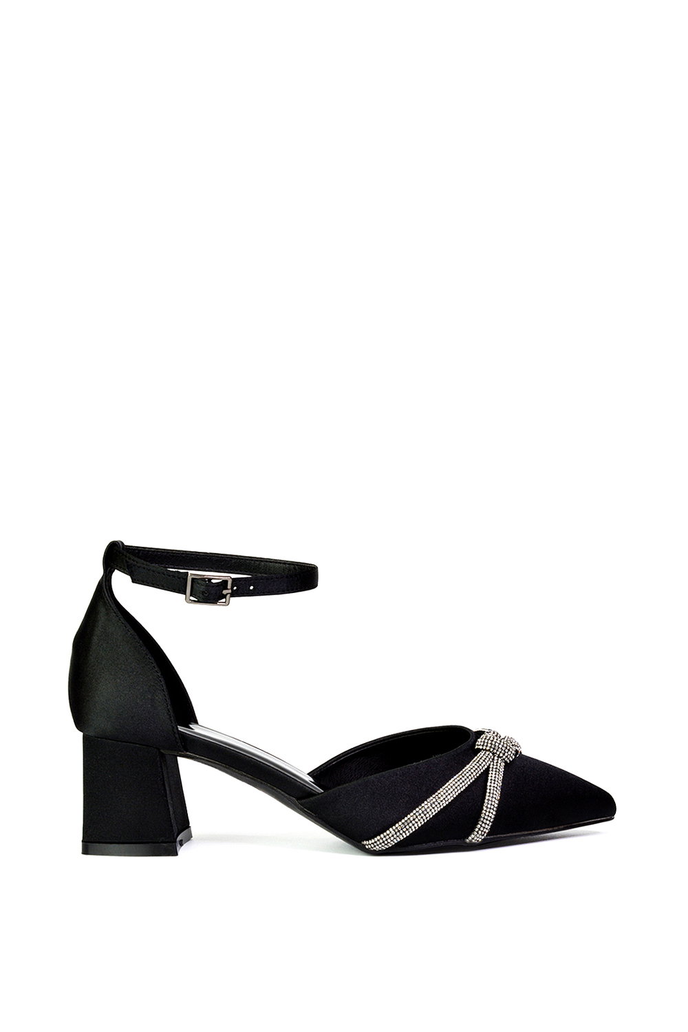 Black 'Sarah' Ankle Strap Pointed Toe Diamante Mid Block Heels