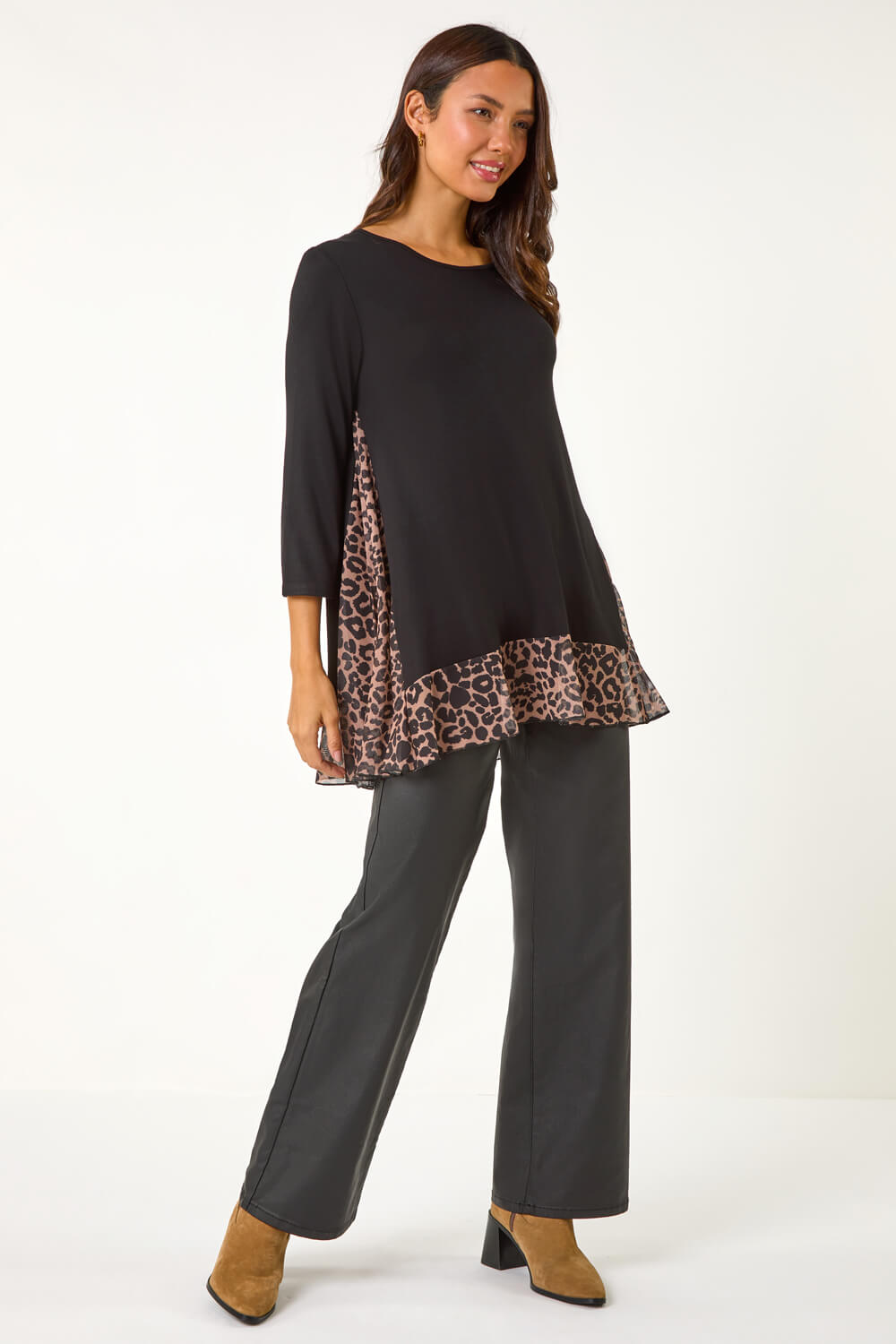 Natural Animal Print Mesh Hem Tunic, Image 3 of 5