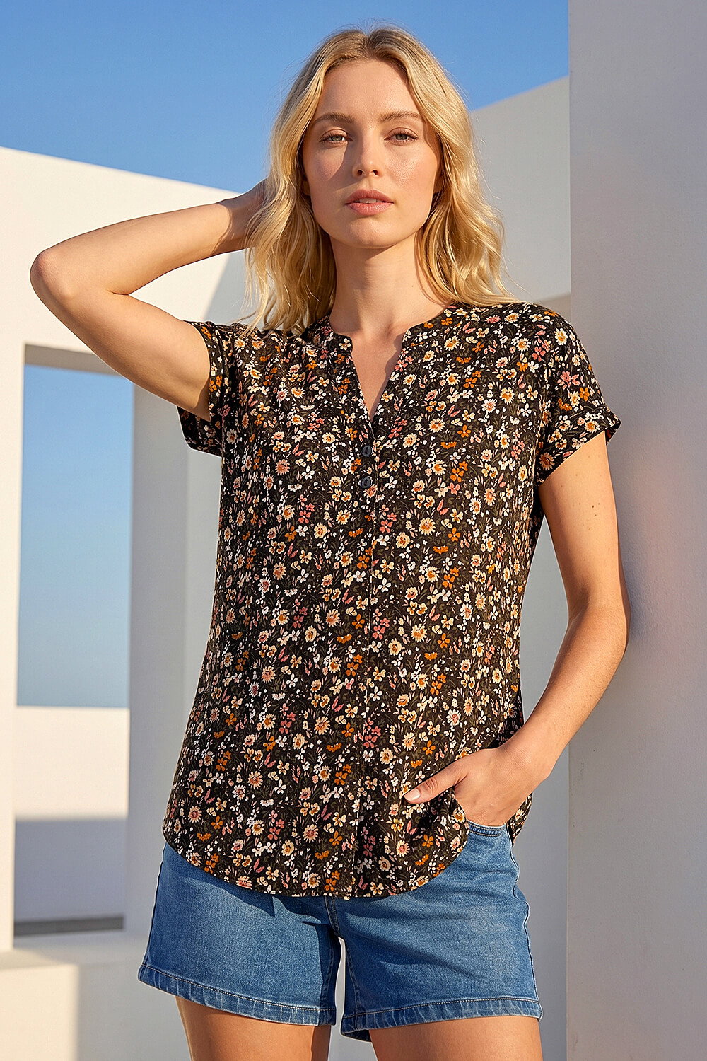 Pink Floral Puff Print Notch Neck Top, Image 3 of 4