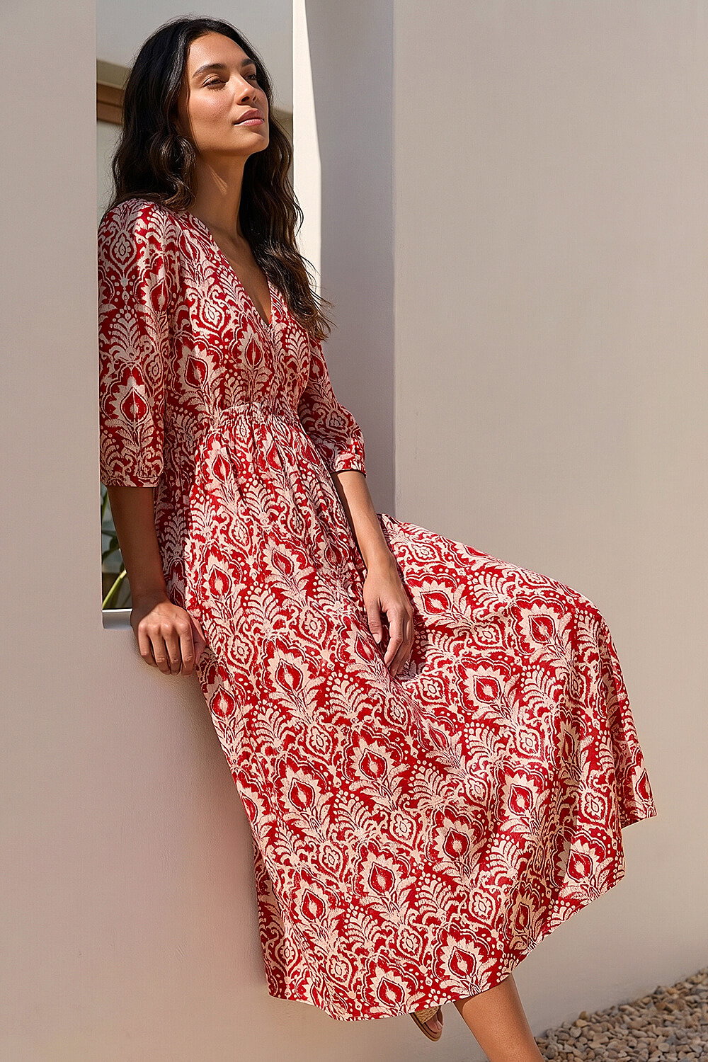 Red Abstract Print V-Neck Midi Dress, Image 1 of 4