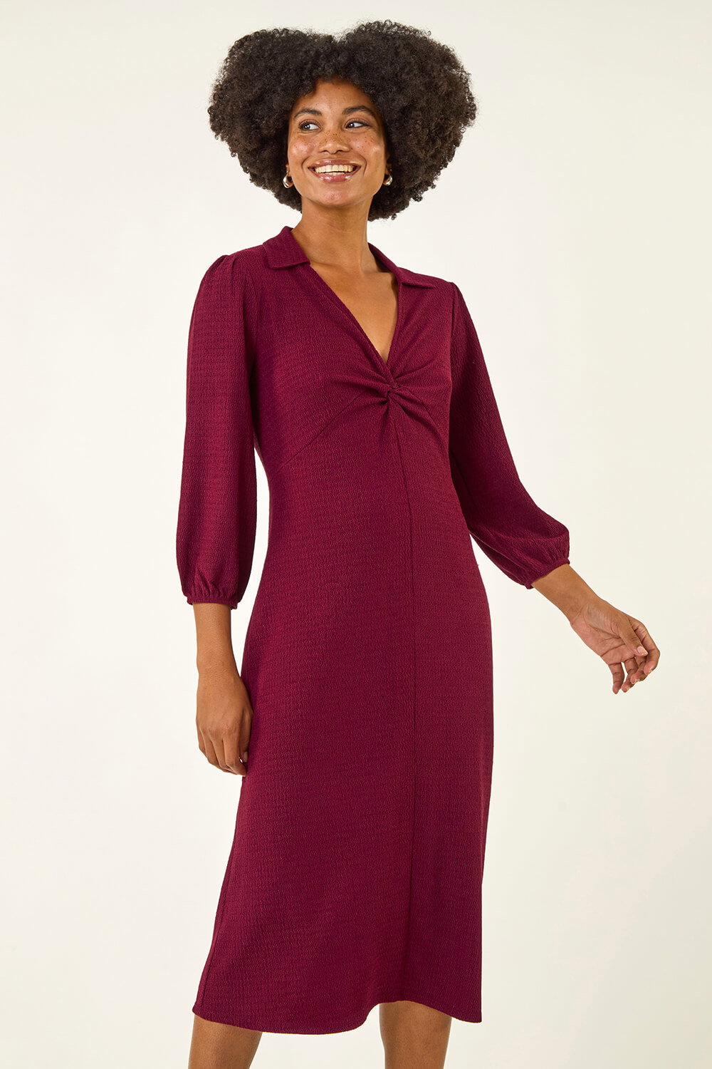 Wine Textured Collared Twist Front Dress, Image 1 of 5