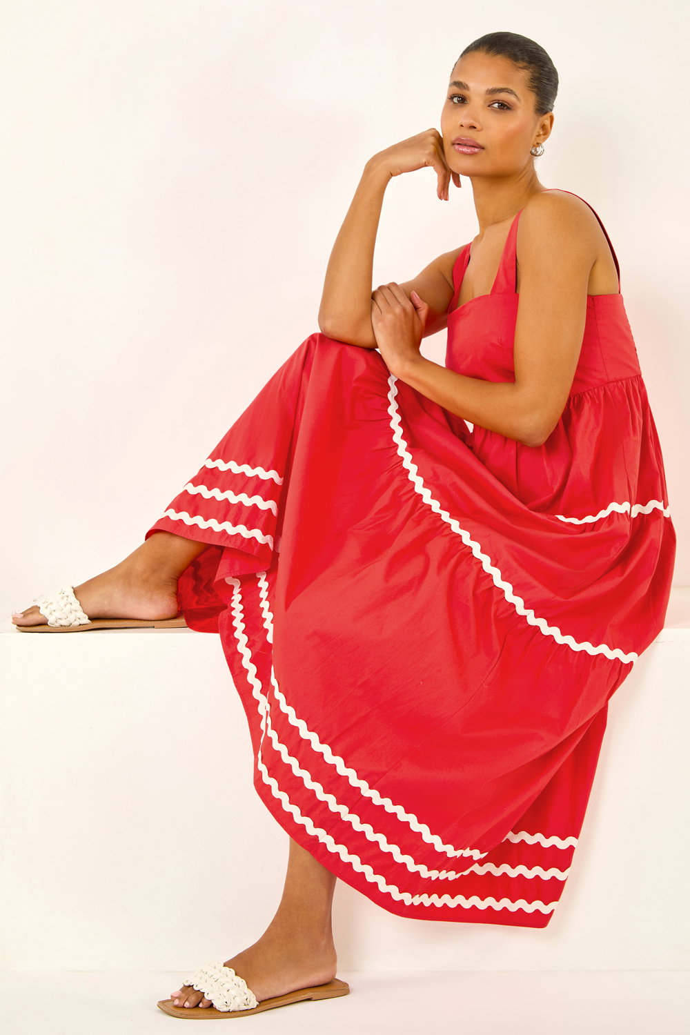 Roman Women's Coral Ric Rac Tiered Midi Dress Size 14
