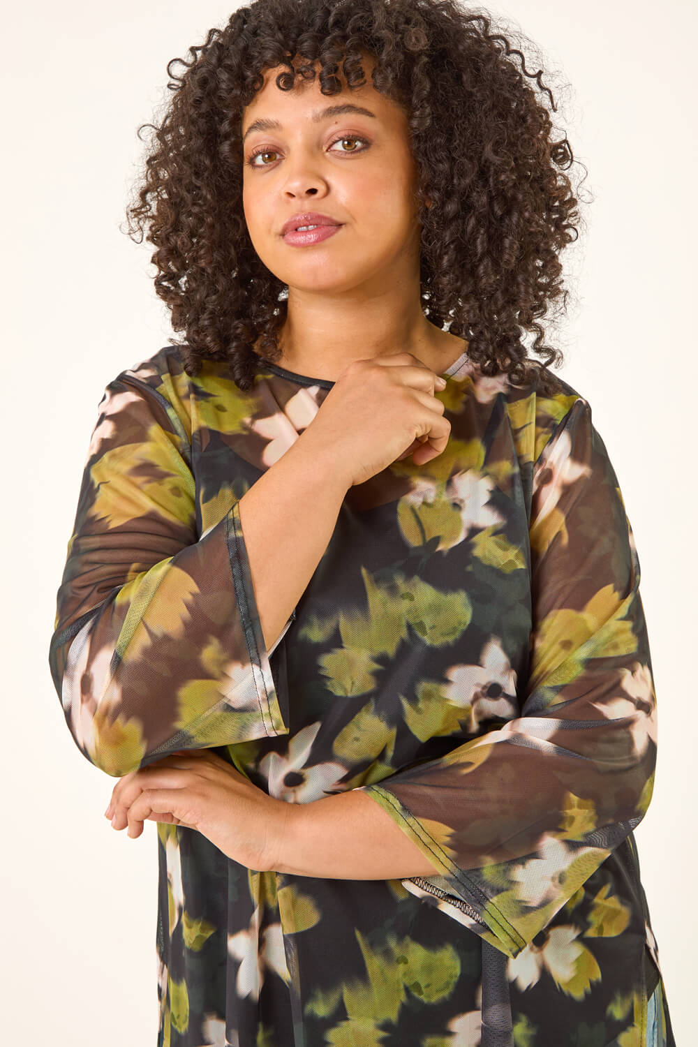 Green Curve Floral Print Mesh Top, Image 3 of 5