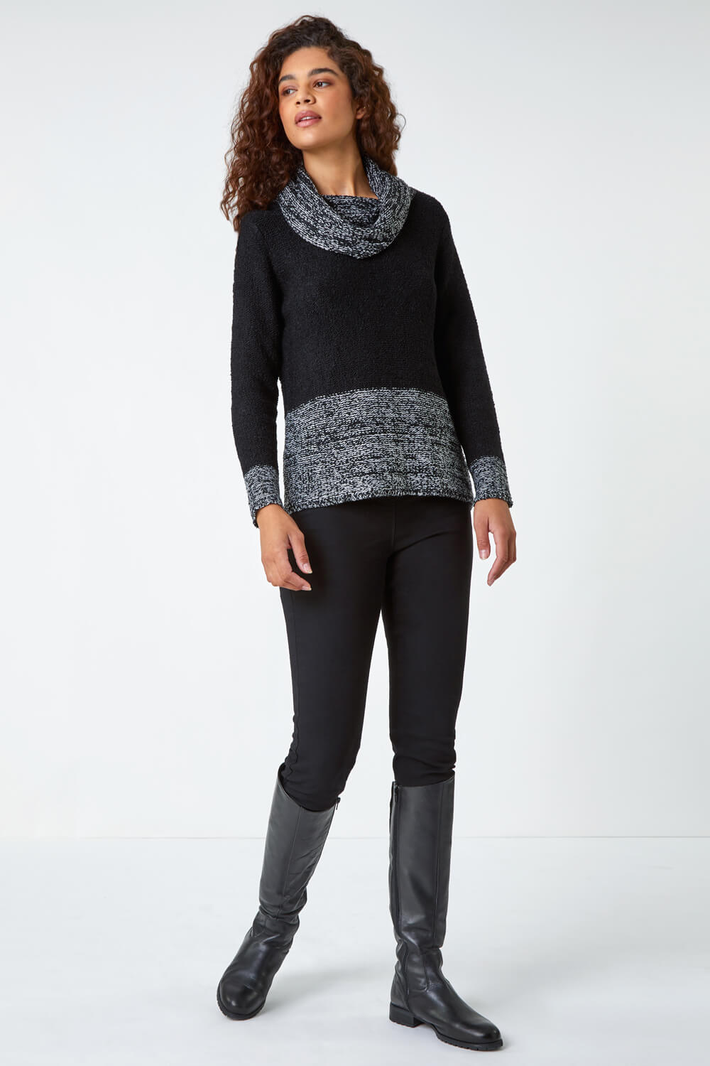 Black Contrast Cowl Neck Longline Jumper, Image 3 of 5