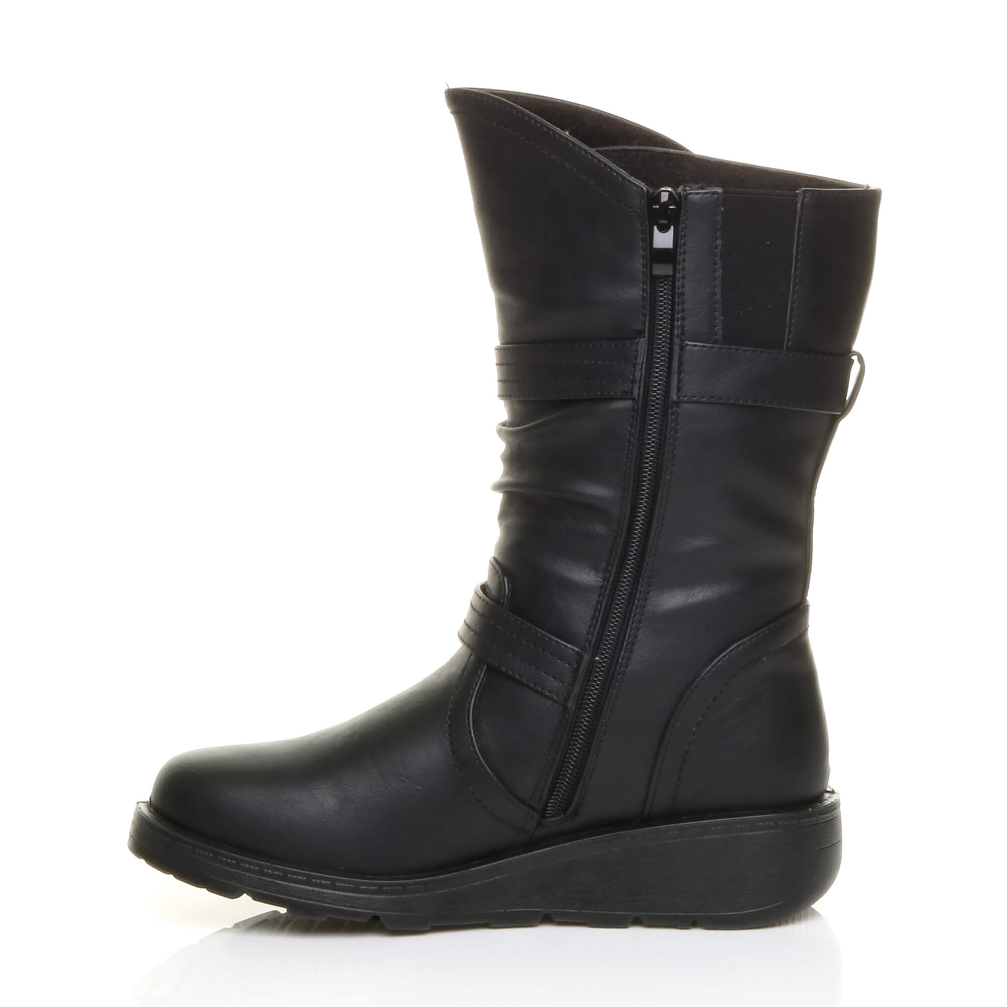Black Low Wedge Heel Comfort Calf Biker Boots, Image 3 of 6