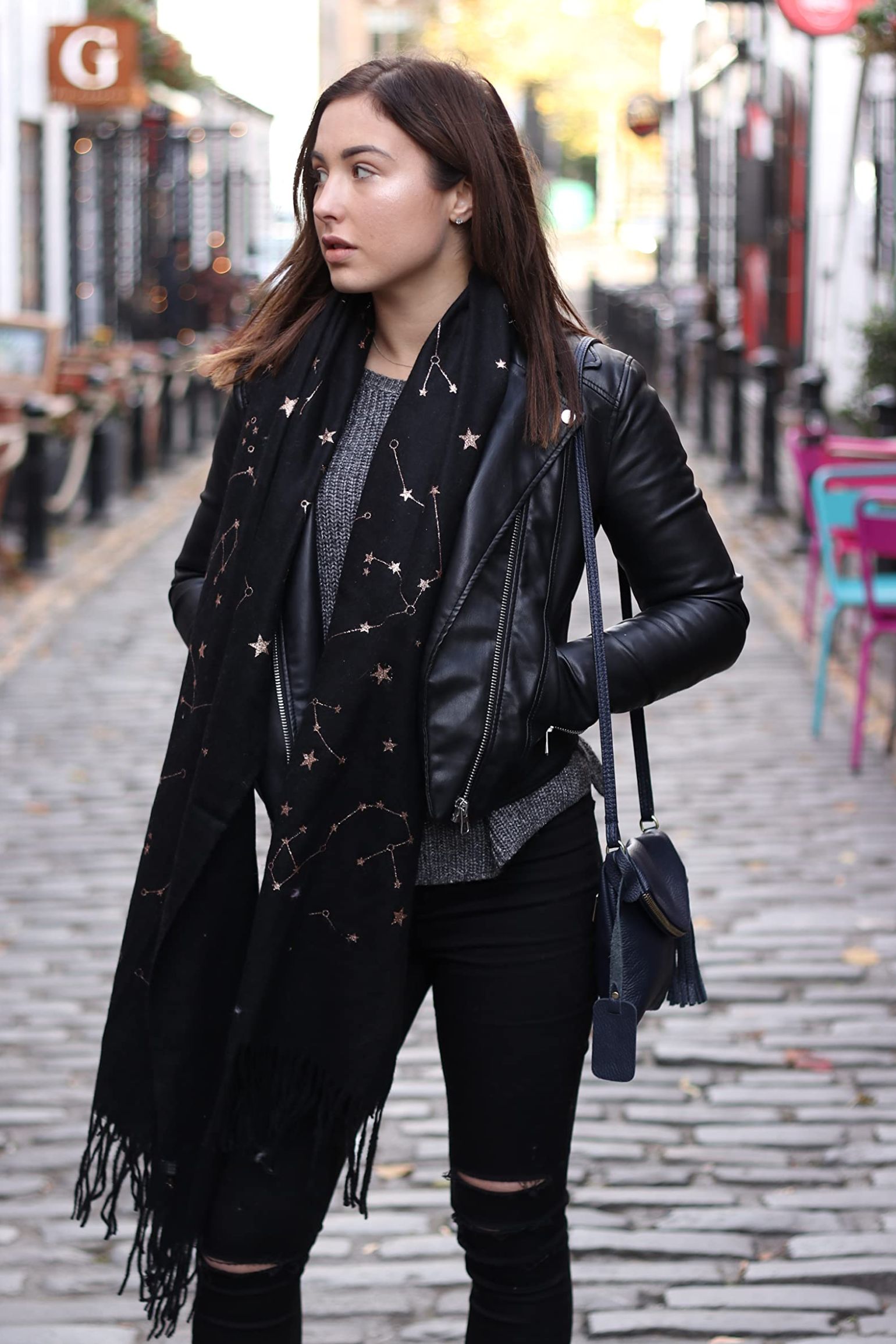 Black Star Constellation Tasselled Winter Scarf, Image 2 of 3
