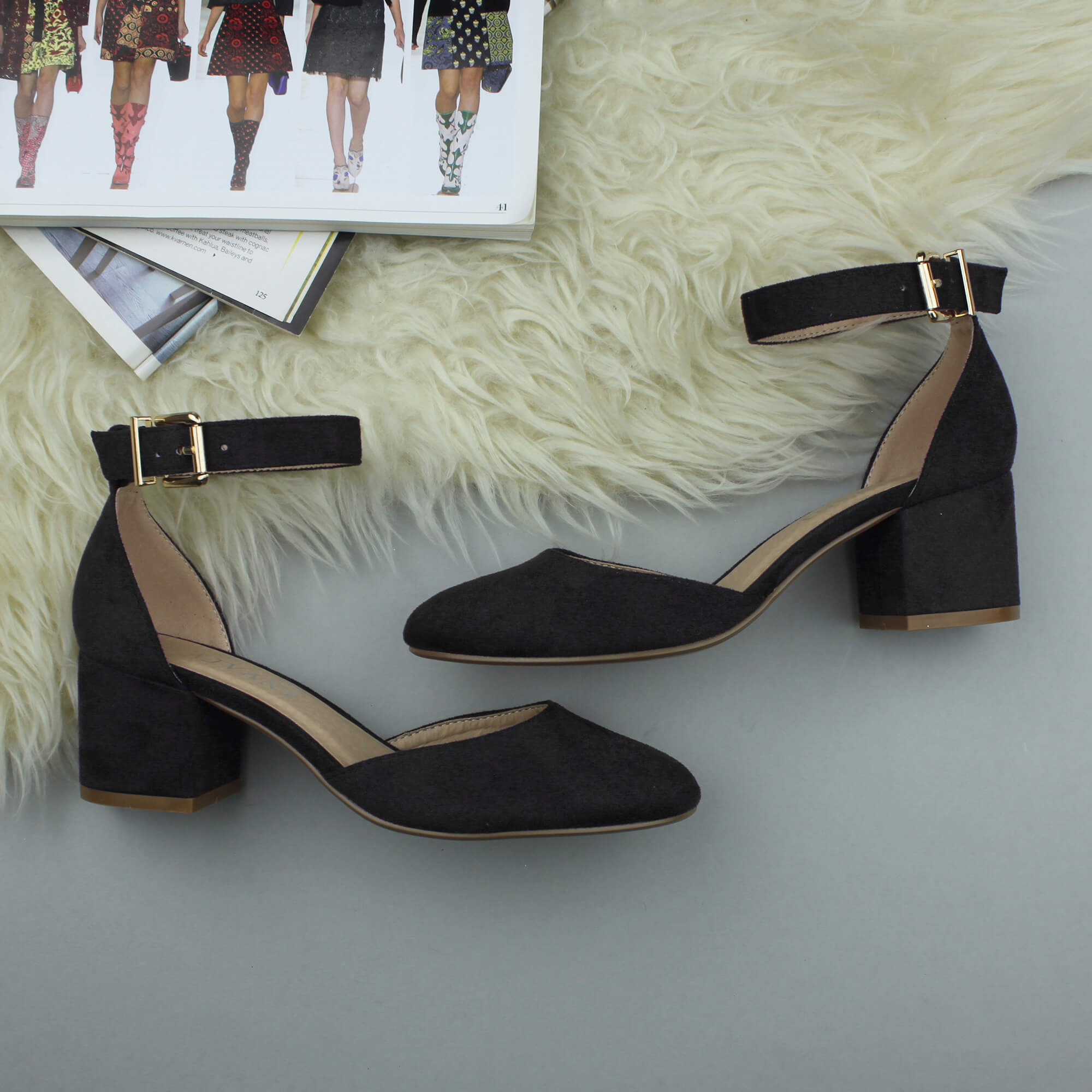 Black AJVANI Black Mid Block Heel Ankle Strap 2 Part Heels, Image 4 of 6