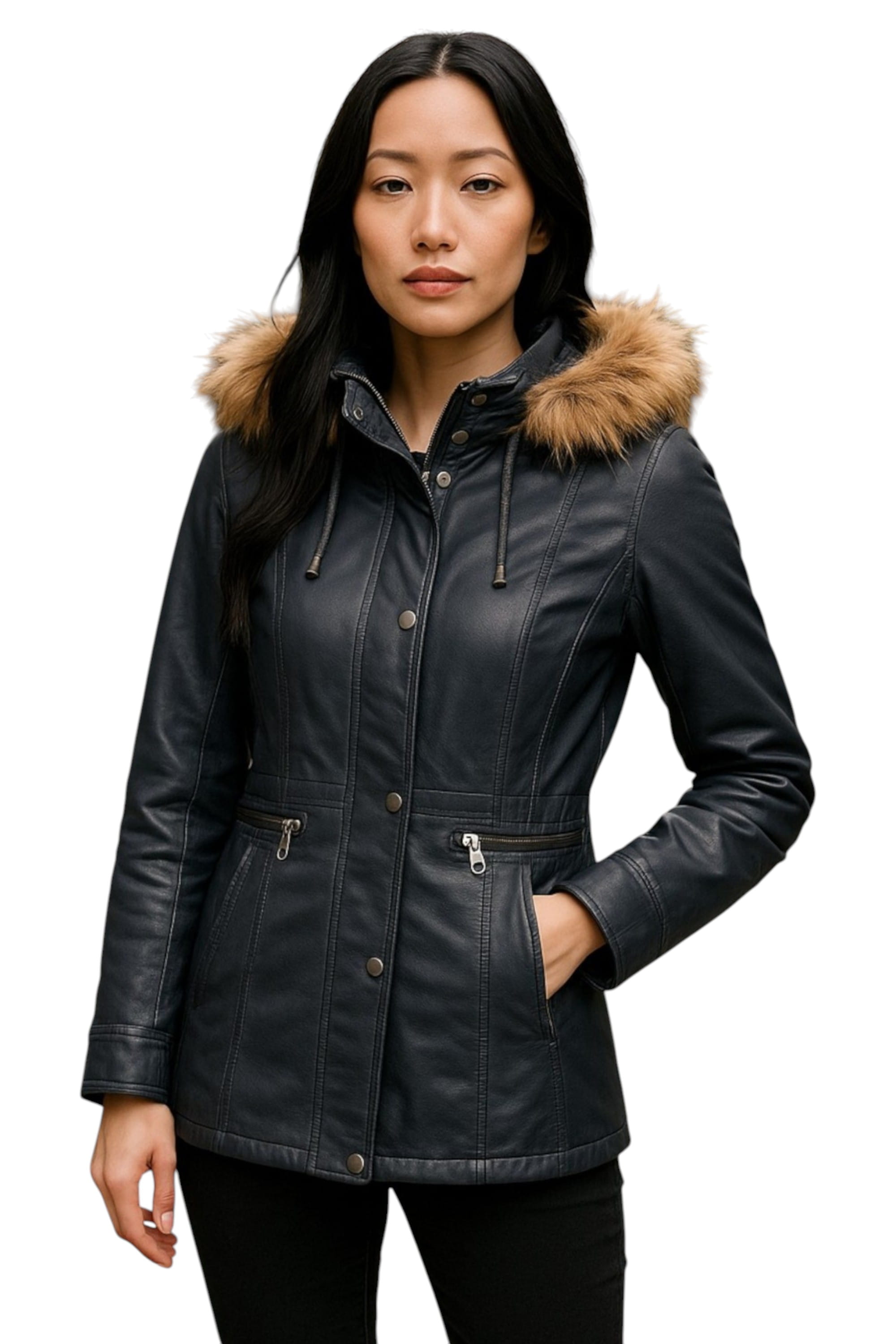 Navy Leather Hooded Parka Jacket-Putian, Image 1 of 6