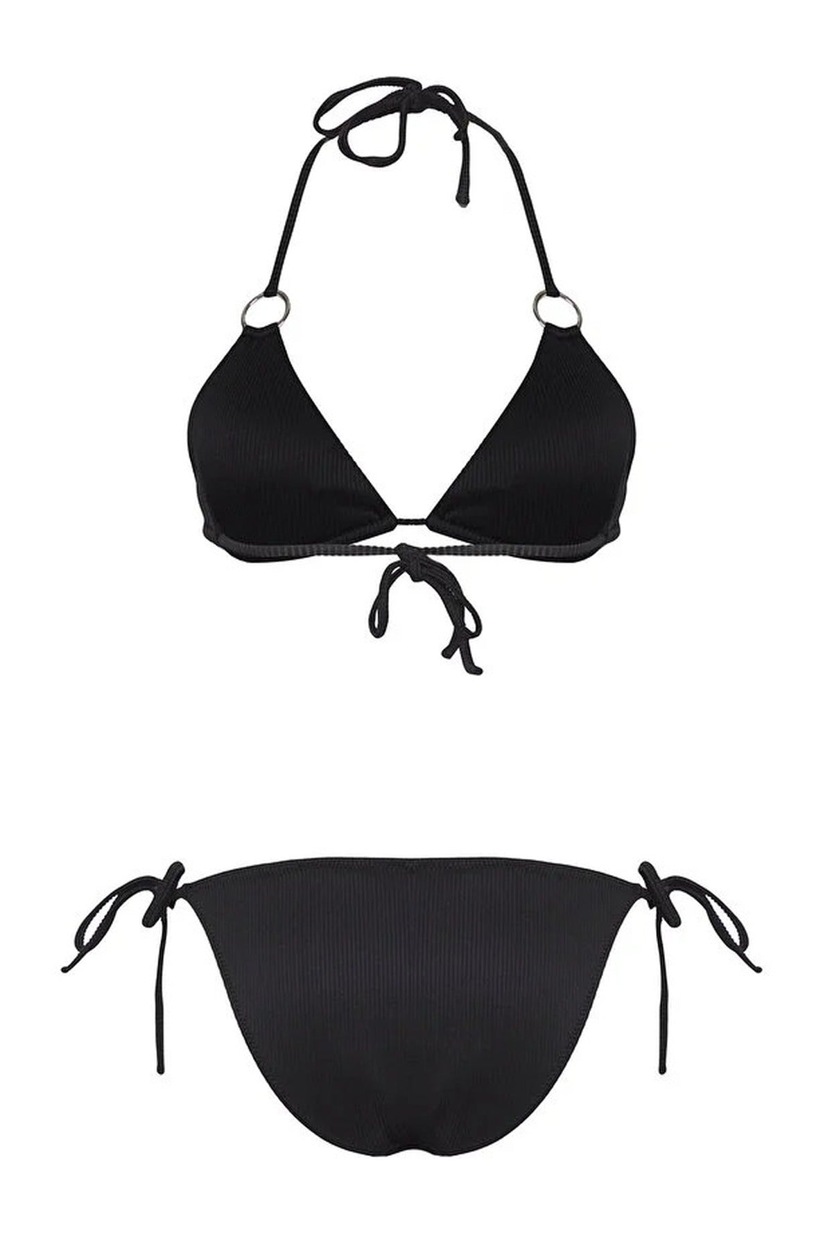 Black WOVCOR Black Ribbed Triangle Bikini Set with Ring Detail, Image 4 of 5