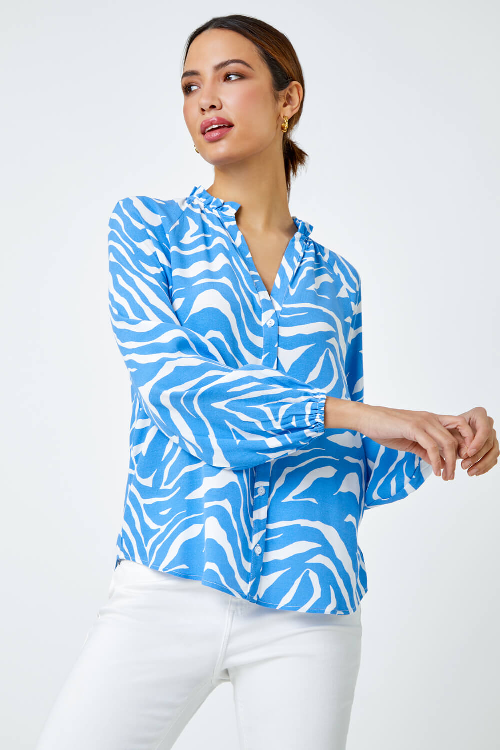 Blue Zebra Print Button Detail Blouse, Image 3 of 5