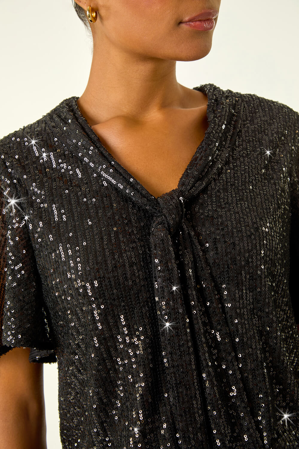 Black Sequin Tie Neck Stretch Top, Image 6 of 5