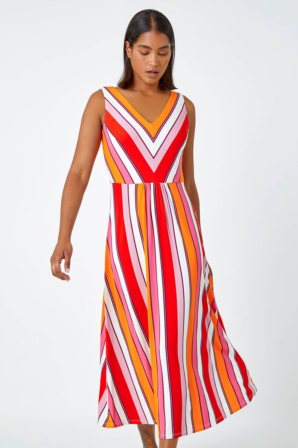 Red Sleeveless Stripe Print Midi Stretch Dress, Image 3 of 5