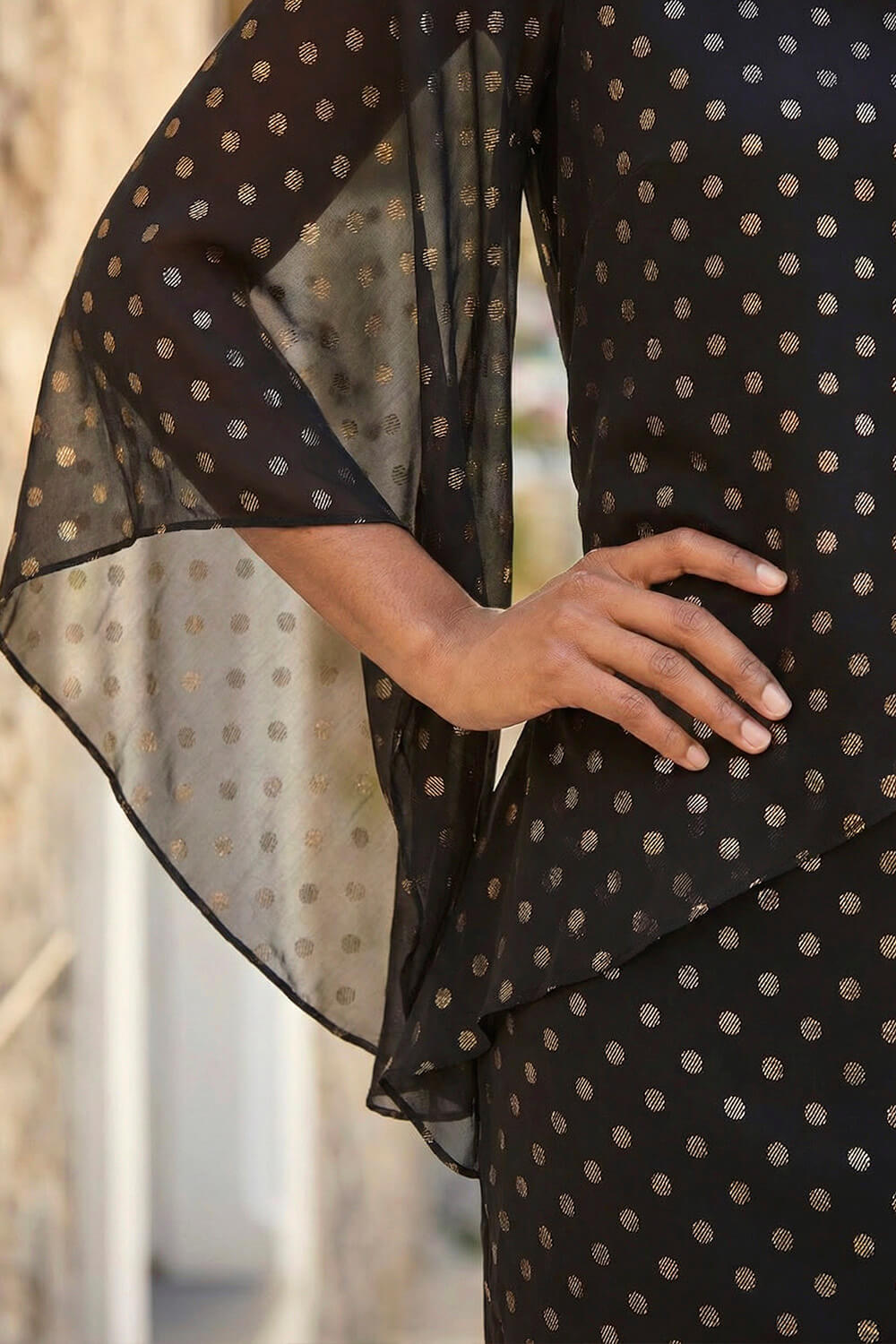 Black Asymmetric Polka Dot Overlay Dress, Image 5 of 4