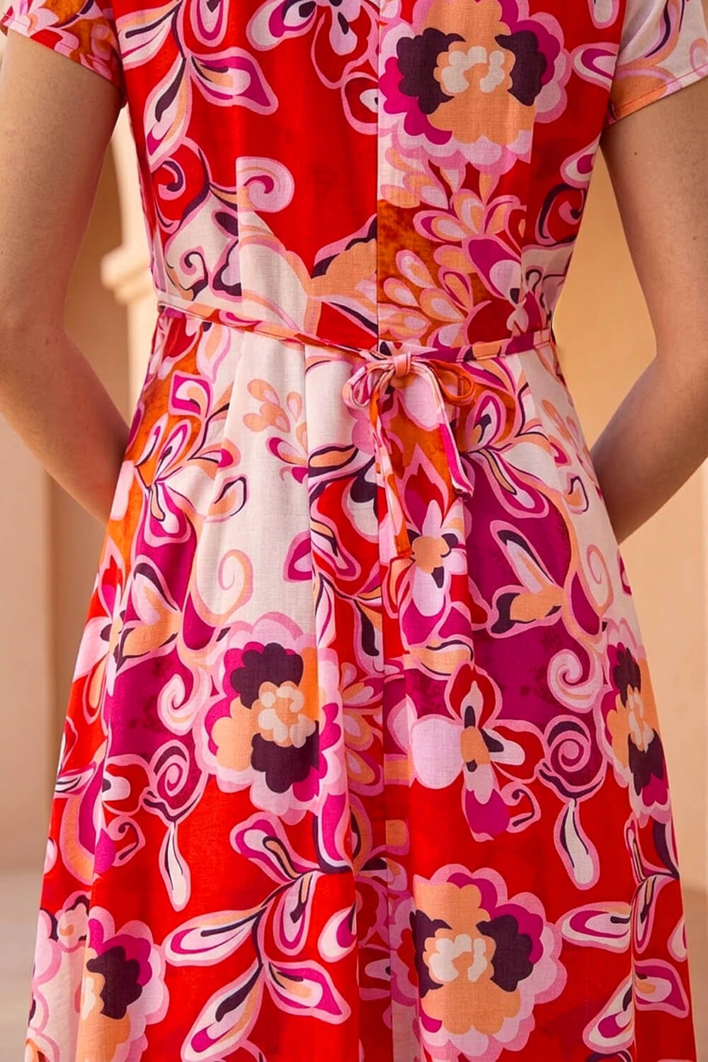 Red Abstract Print Belted Midi Dress, Image 5 of 4