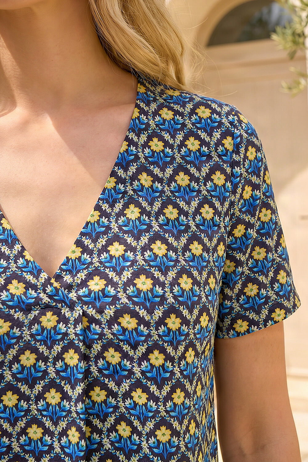 Navy Petite Abstract V-Neck Stretch Top, Image 5 of 4