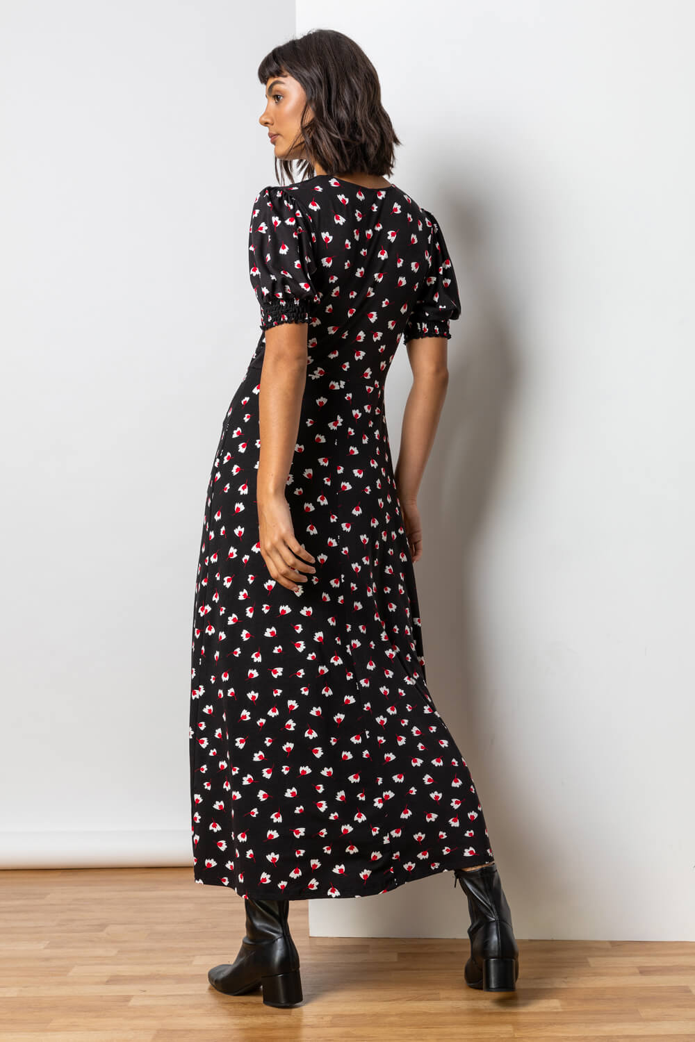Red Lace Trim Floral Print Midi Dress, Image 3 of 5