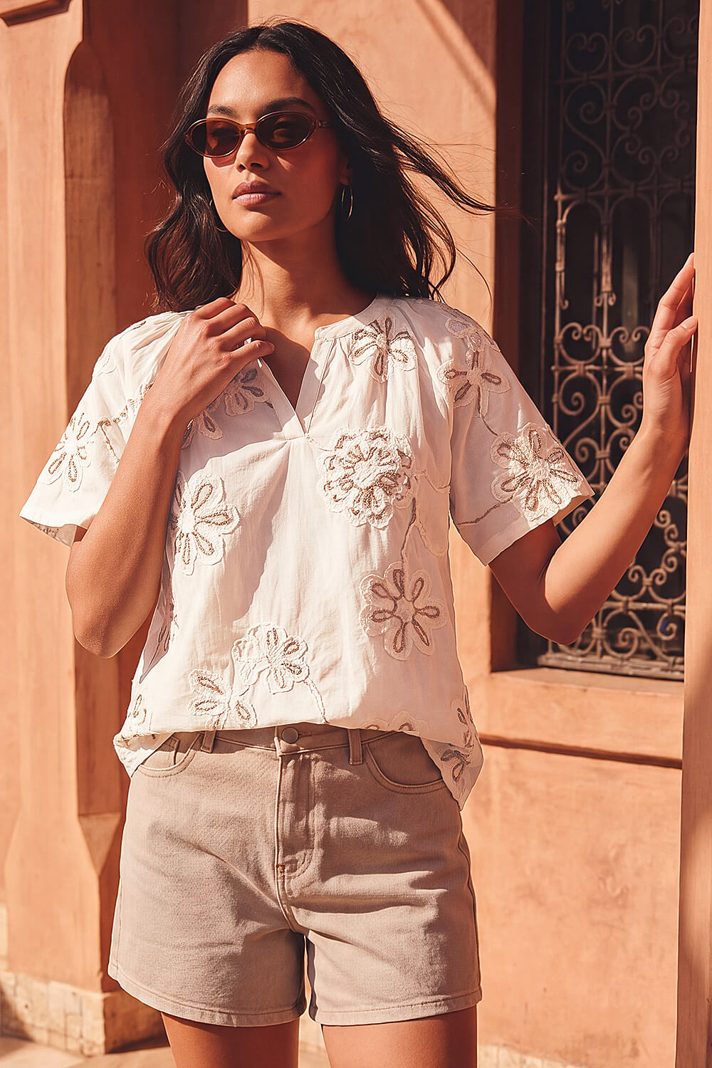 Cream Floral Embroidered Cotton Tunic Top, Image 1 of 4