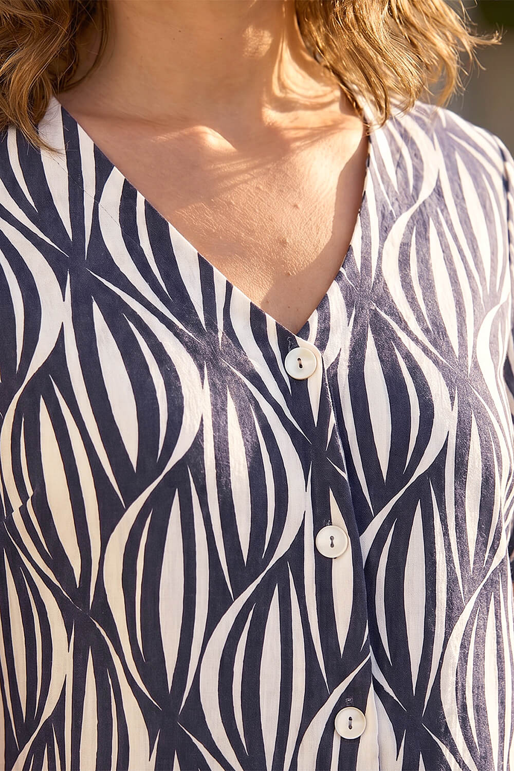 Navy Petite Geo Print V-Neck Stretch Blouse, Image 5 of 4