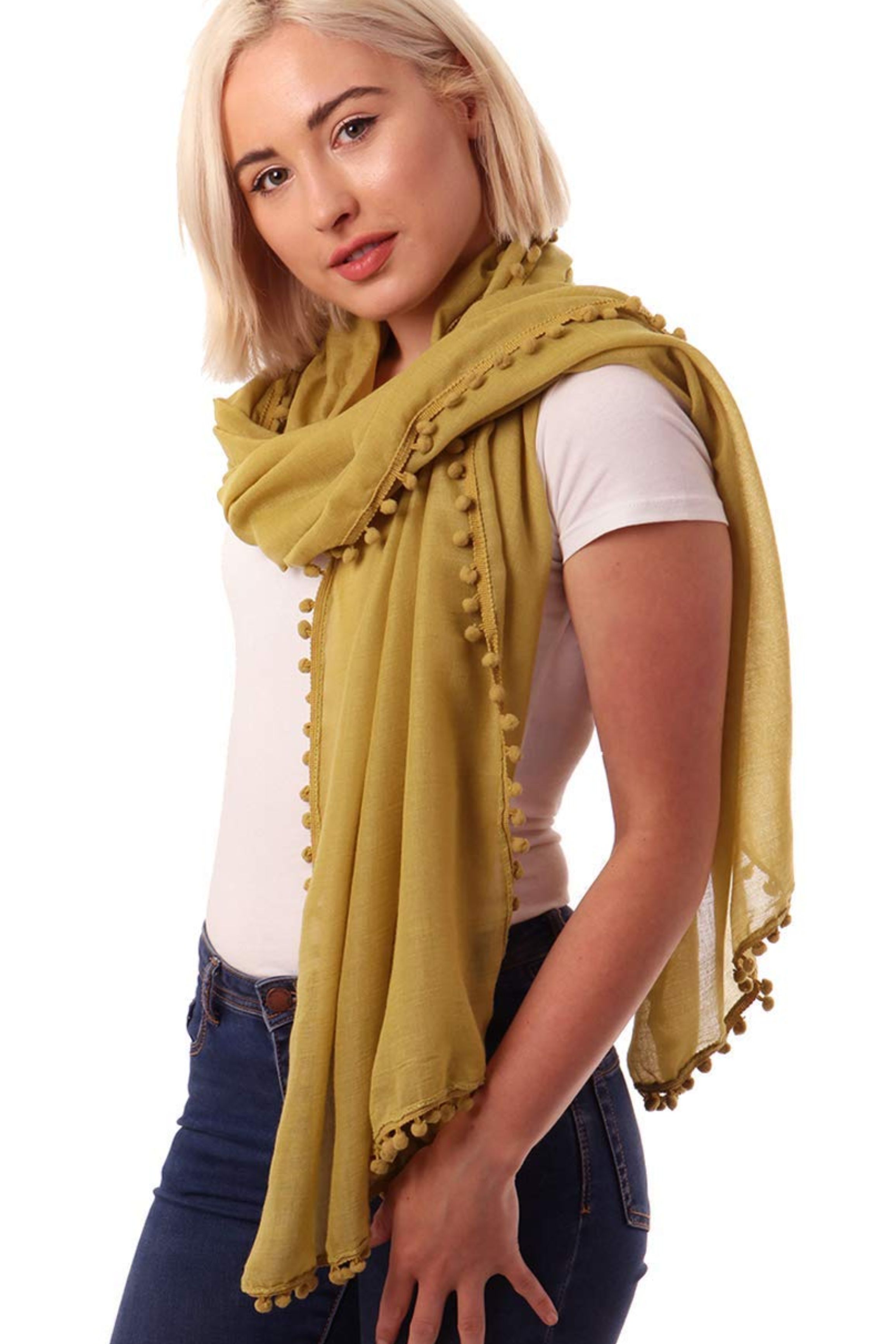 Mustard Lightweight Pom Pom Scarf, Image 2 of 4