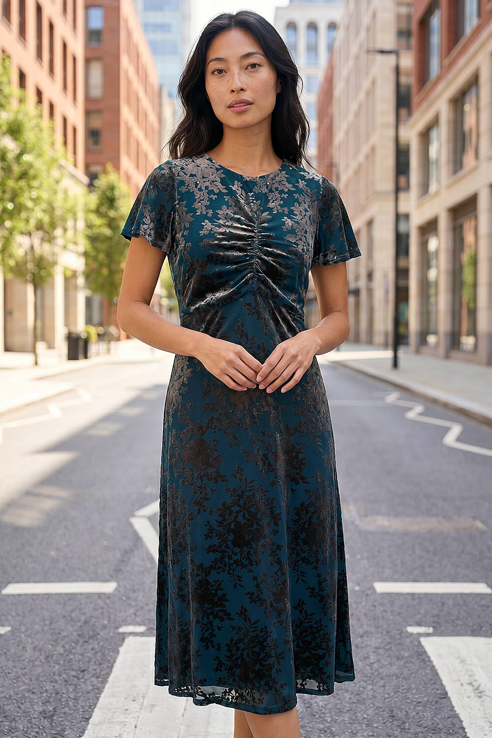 Teal Petite Devore Midi Dress, Image 3 of 4