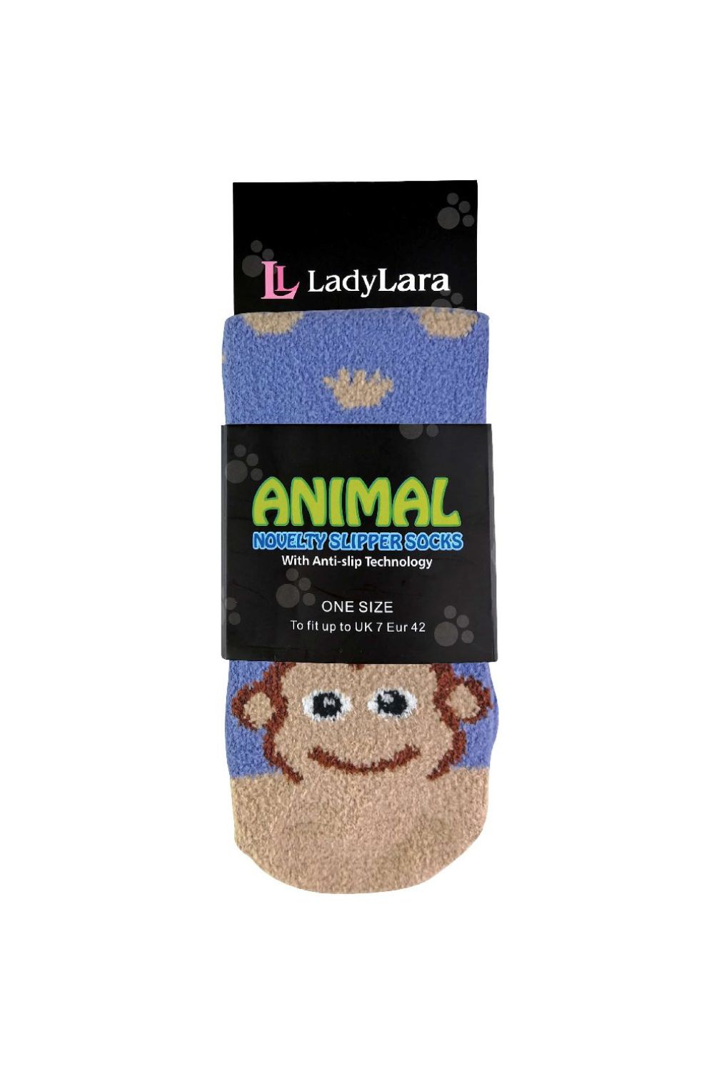 Blue 1 Pack Ladies Fluffy Animal Pattern Slipper Socks with Grips, Image 2 of 3