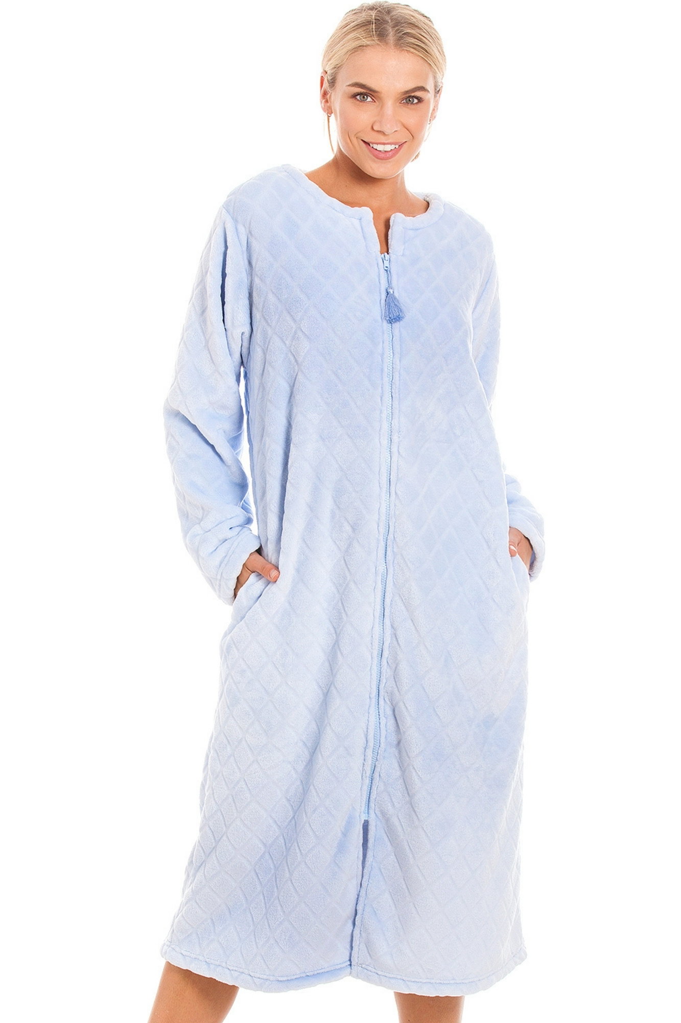 Light Blue Camille Lingerie Light Blue Supersoft Diamond Print Zip Up Housecoat, Image 1 of 5