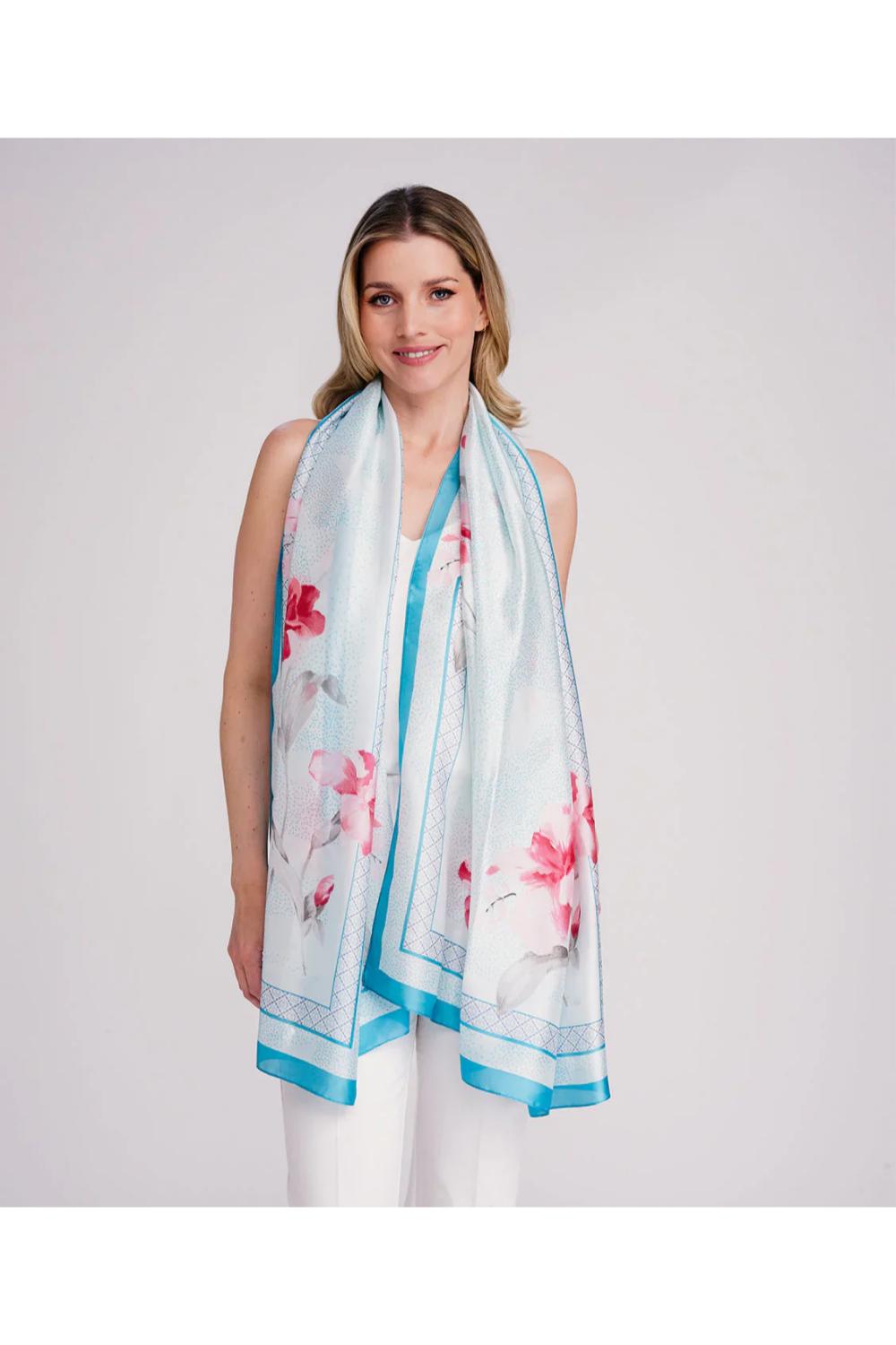 Turqouise Libbie - Floral Satin Silk Scarf, Image 1 of 2