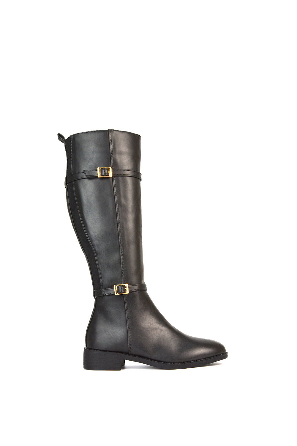 Black 'Ellis' Flat Heel Stretch Knee High Long Boots With Buckle Details