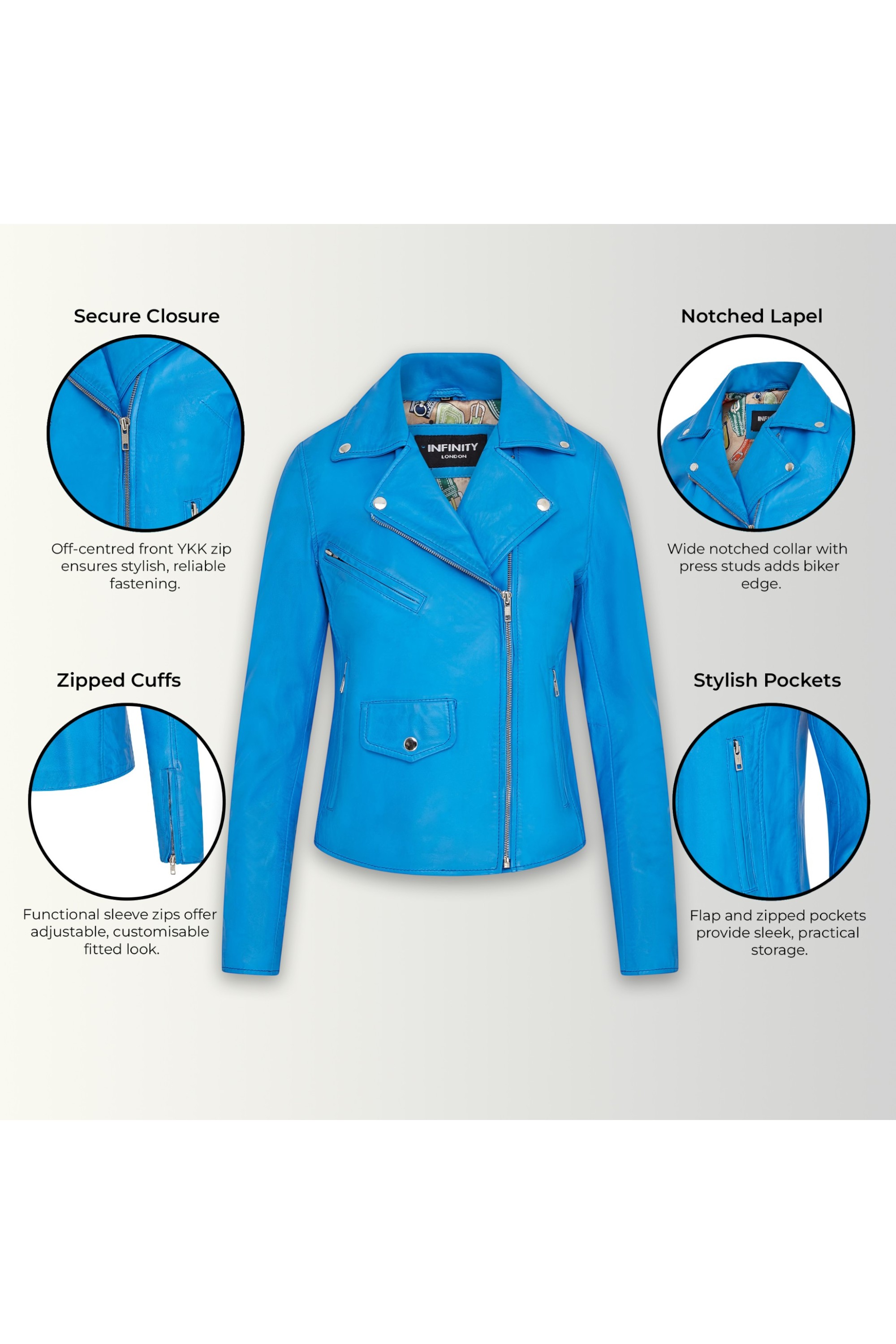 Blue Infinity Leather Blue Brando Biker Leather Jacket-Broome, Image 3 of 7