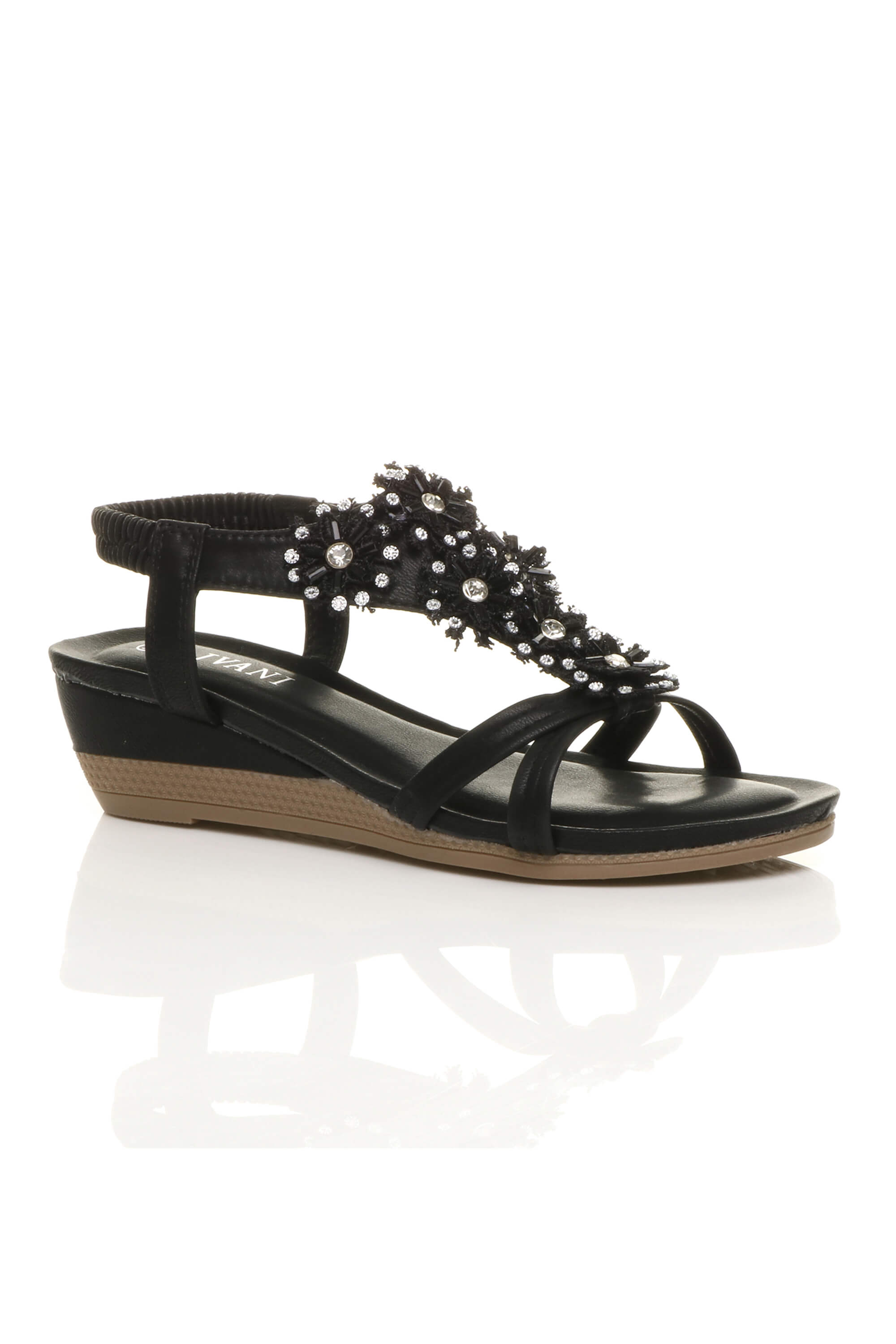 Black Mid Wedge Diamante T-Bar Slingback Sandals, Image 1 of 6