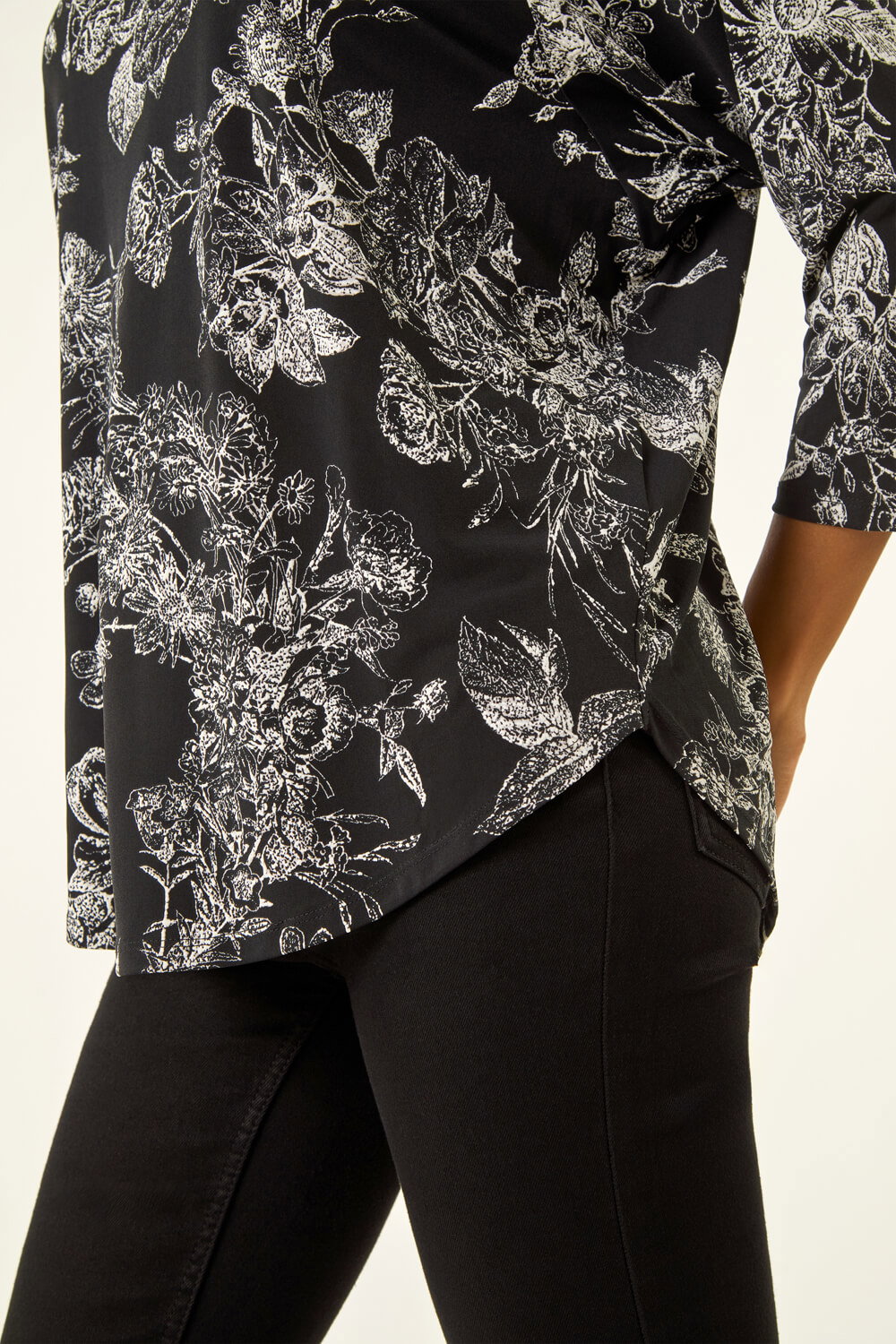 Black Floral Puff Print Stretch Top, Image 6 of 5