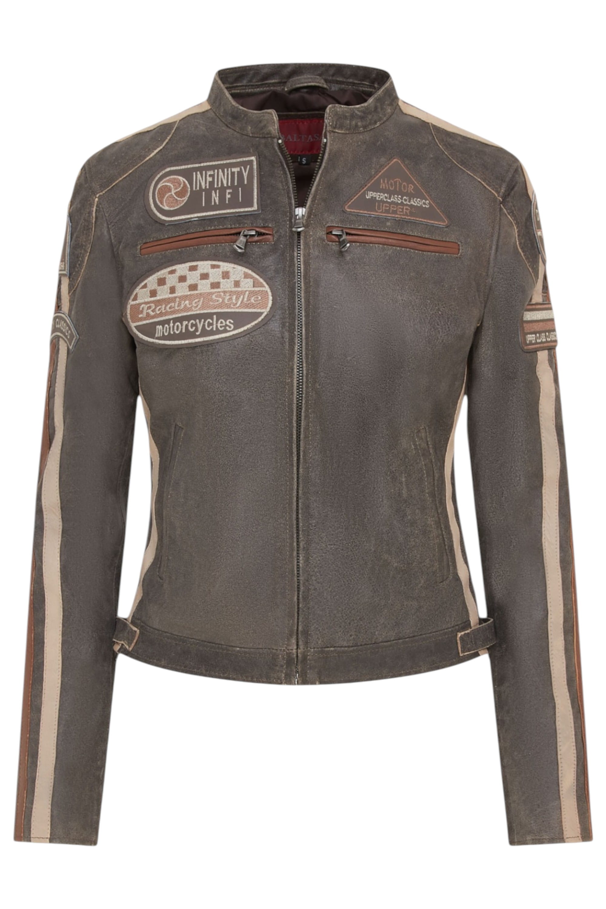 Sand Biker Racing Badges Leather Jacket, Image 2 of 5