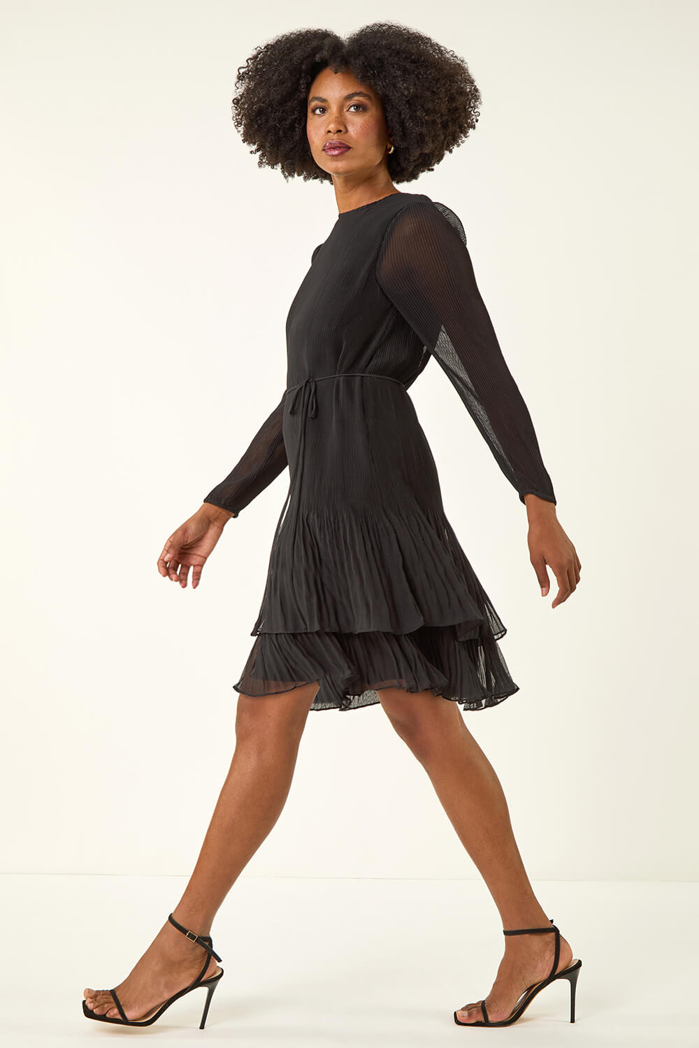 Black Pleated Frill Hem Swing Dress, Image 1 of 5