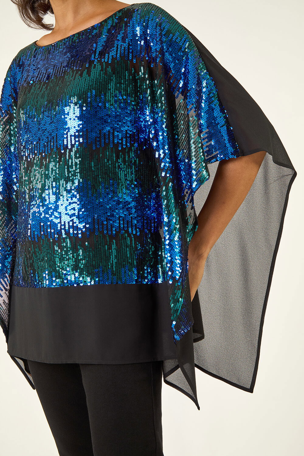 Blue Ombre Sequin Mesh Chiffon Top, Image 6 of 5
