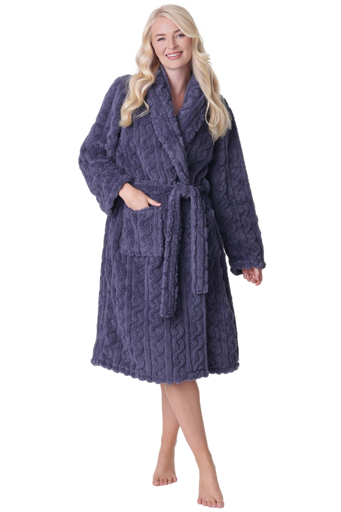 Grey Camille Lingerie Grey Supersoft Fleece Jaquard Bathrobe, Image 1 of 5